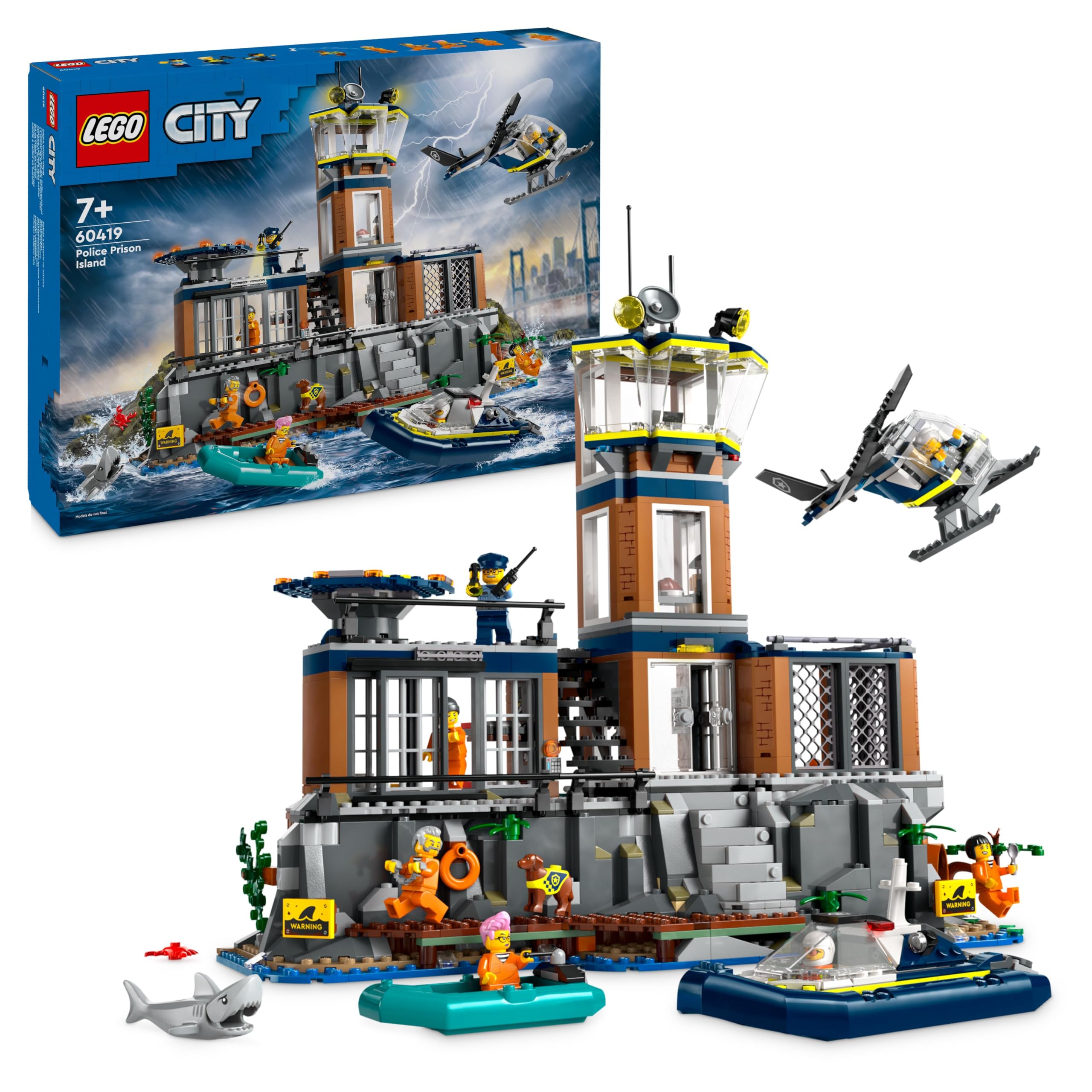LEGOCity Police Prison Island Toy for 7 Plus Year Old Boys, Girls & Kids, Emergency Vehicles Set with Helicopter, Boat, 7 Minifigures, Dog & Shark Figures for Imaginative Play, Birthday Gift 60419