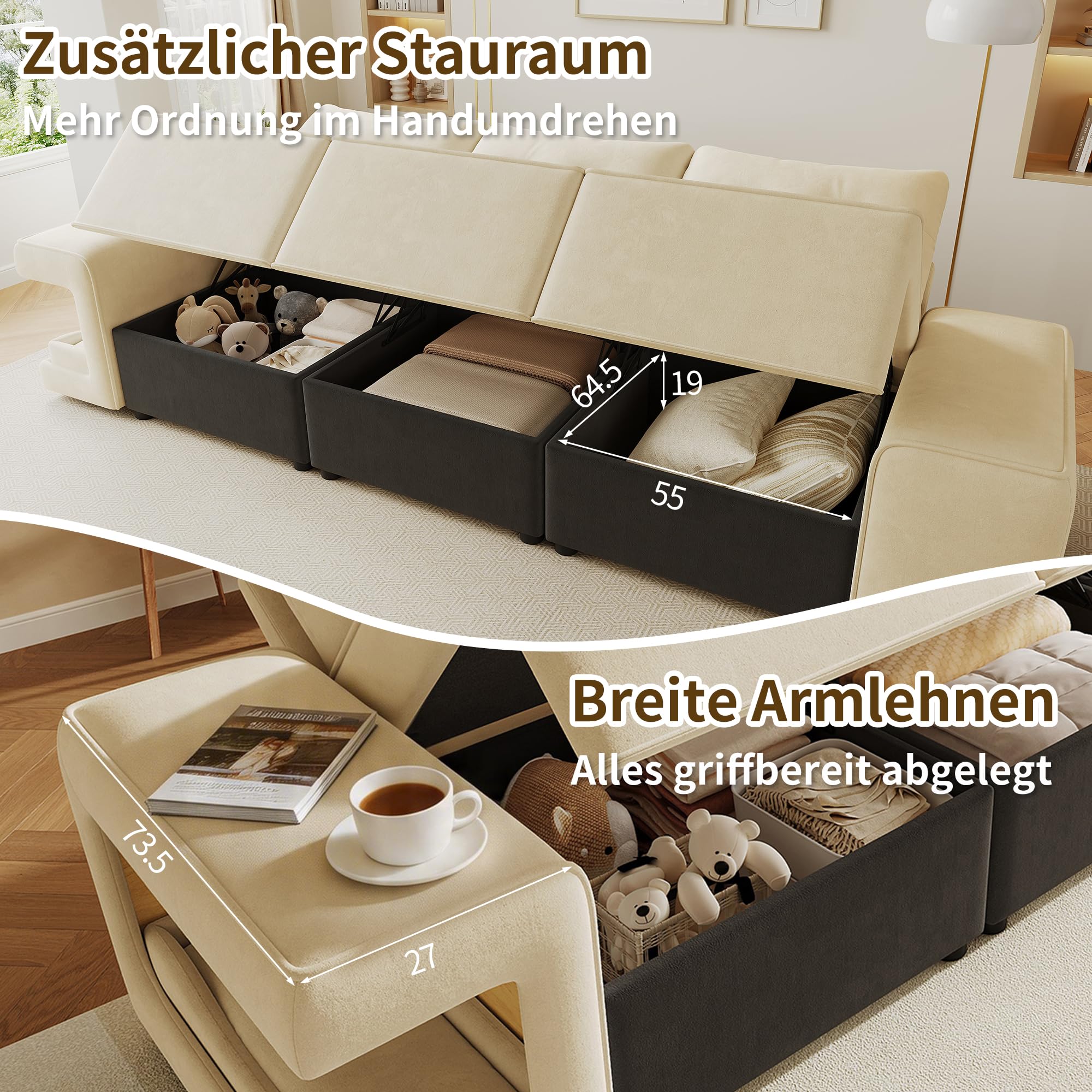 3-Sitzer Sofa 230cm Wohnzimmer Couch mit Stauraum Haustierbett, Beige Garten
