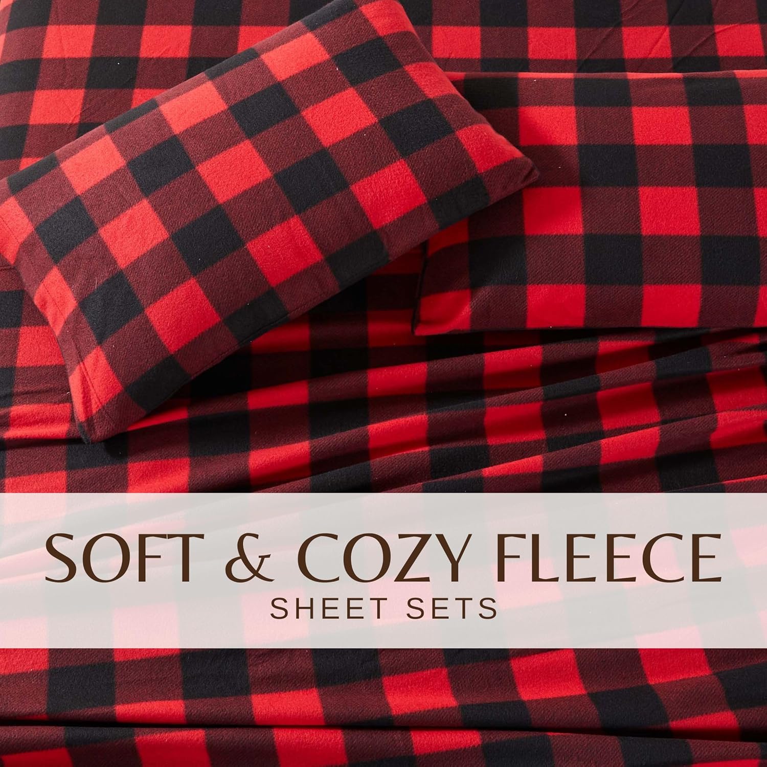 Great Bay Home 4 Piece Micro Fleece Queen Red/Black Plaid Sheet Set | Super Soft, Cozy Extra Plush Polar Fleece Bedding Sheets & Pillowcases | Microfleece Winter Sheets (Queen, Red/Black)