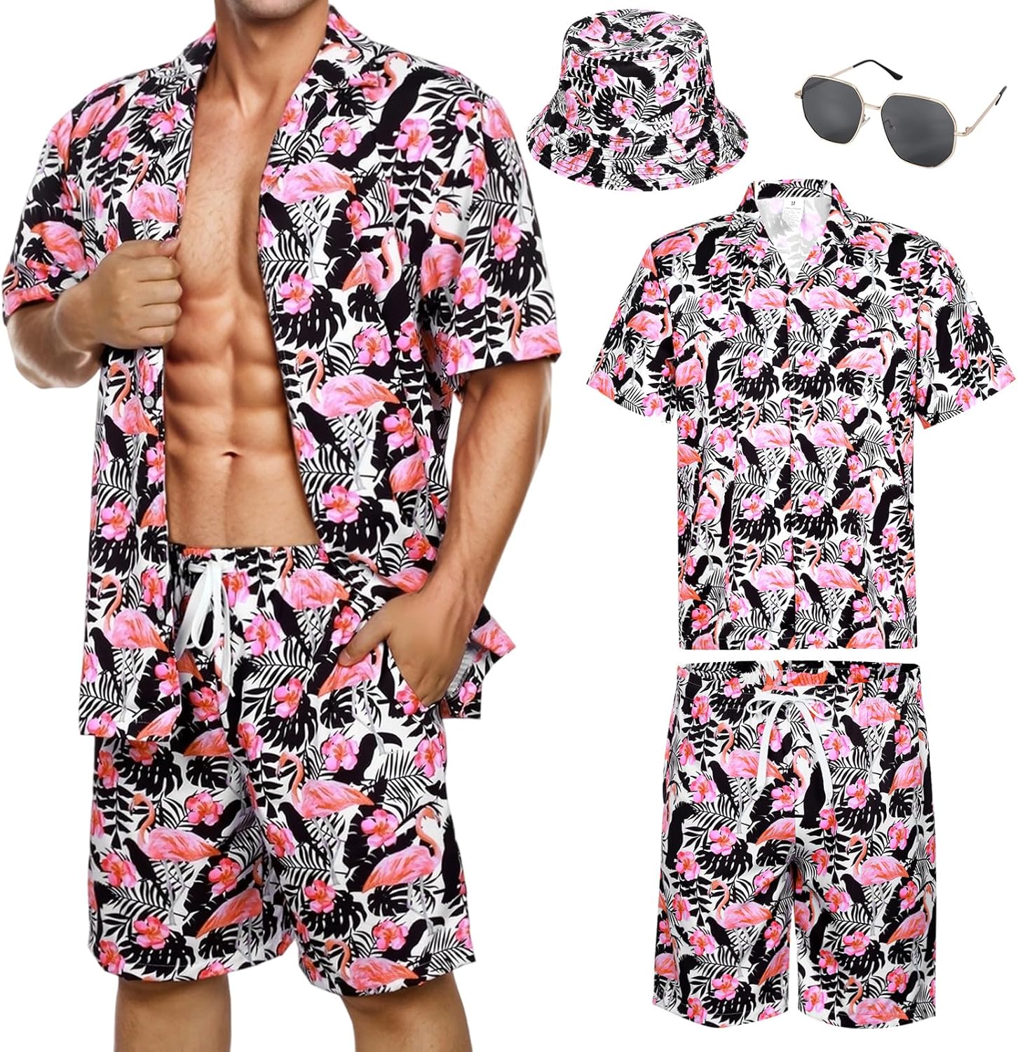 Mens Hawaiian Shirt Shorts Set 4 Piece 80s Short Sleeve Outfits for Vacation Beach Summer Shorts Bucket Hat Sunglasses