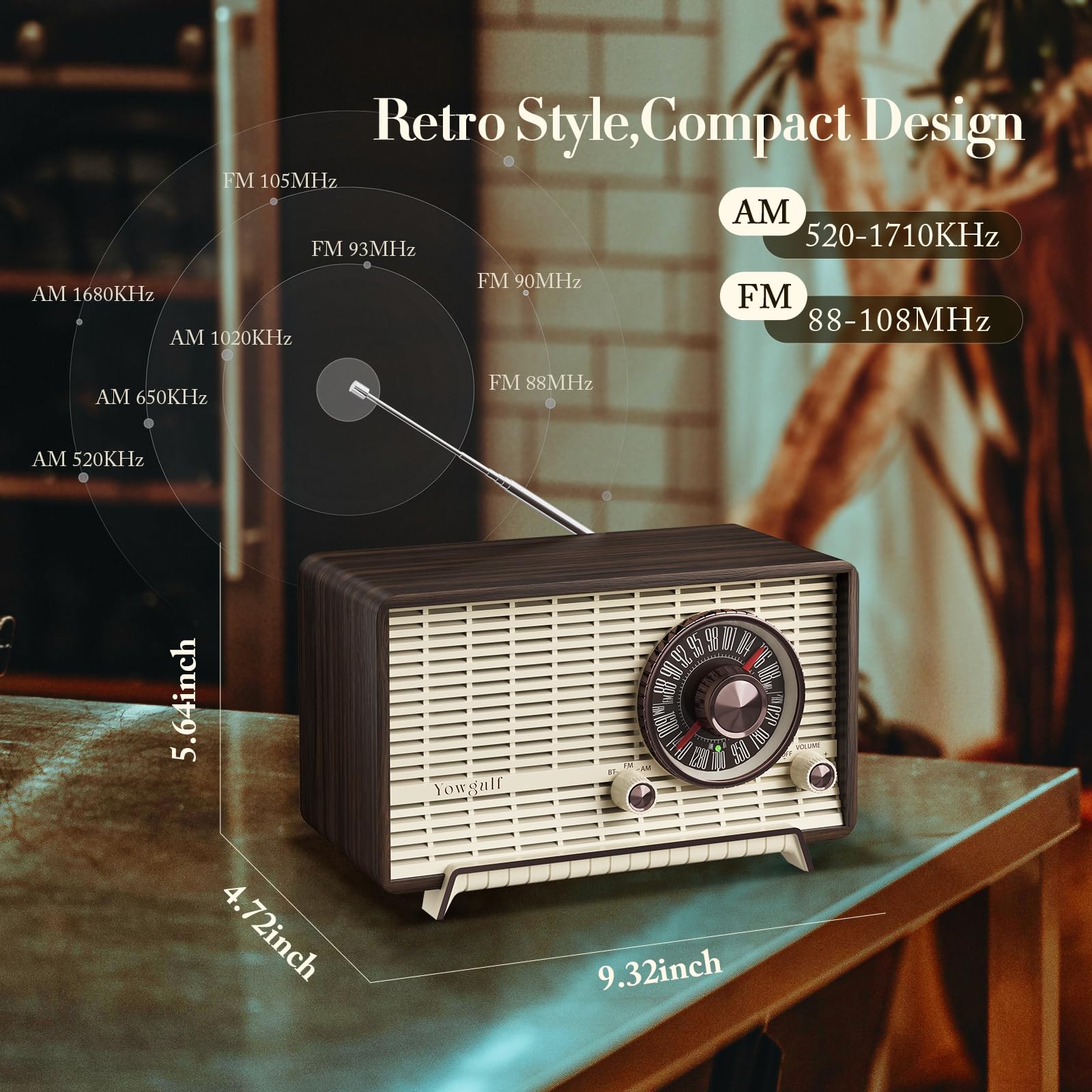 YOWGUIF Radio AM FM classique rétro en bois haut-parleurs Bluetooth radio murale enfichable avec bouton rotatif, idéale pour la maison, le bureau