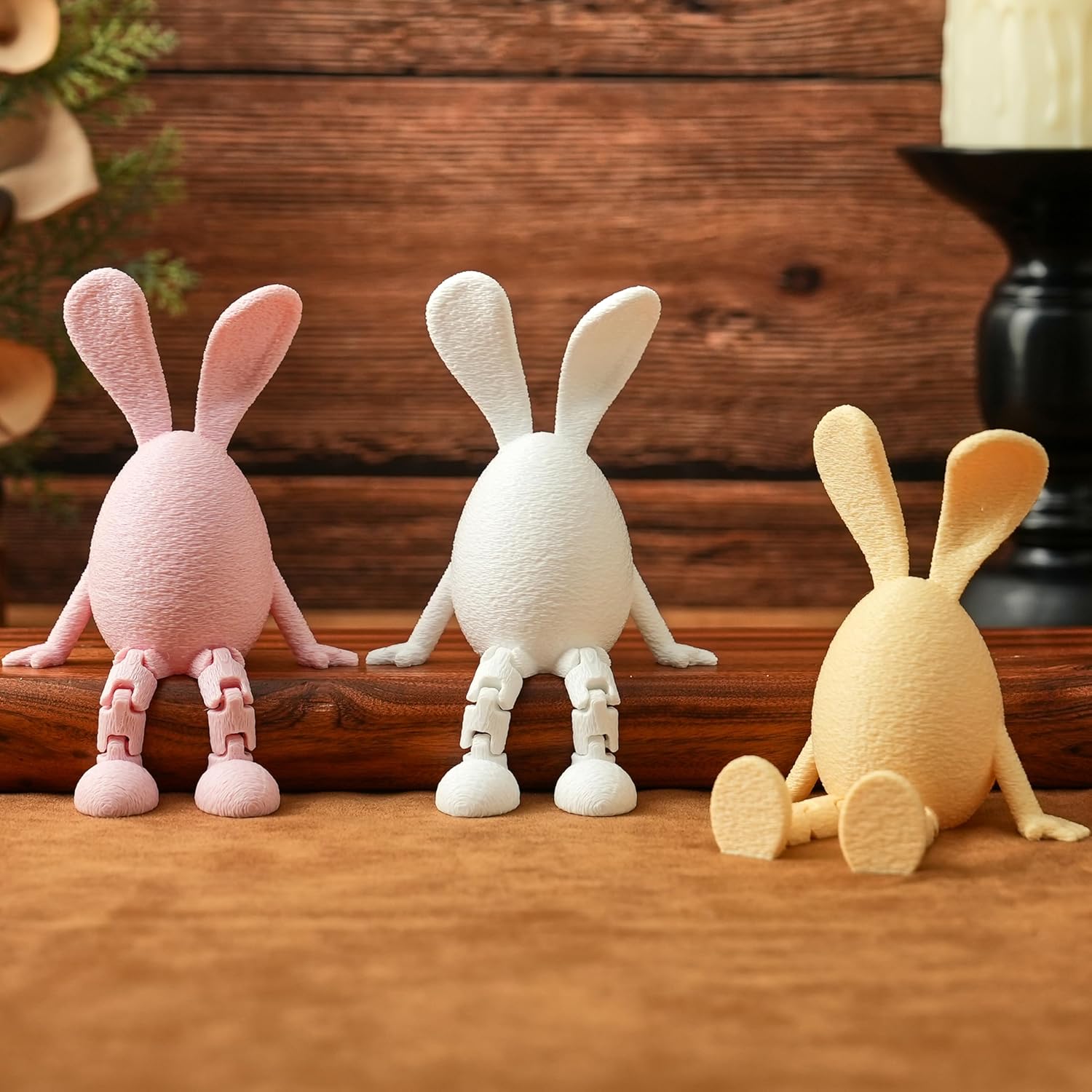 FESTGLOX Cute Rabbit Decor for Home, 3Pcs Poseable Easter Egg Bunny Figurines with Leg, 3D Printed Bunny Statues Table Decoration for Spring Shelf Decor