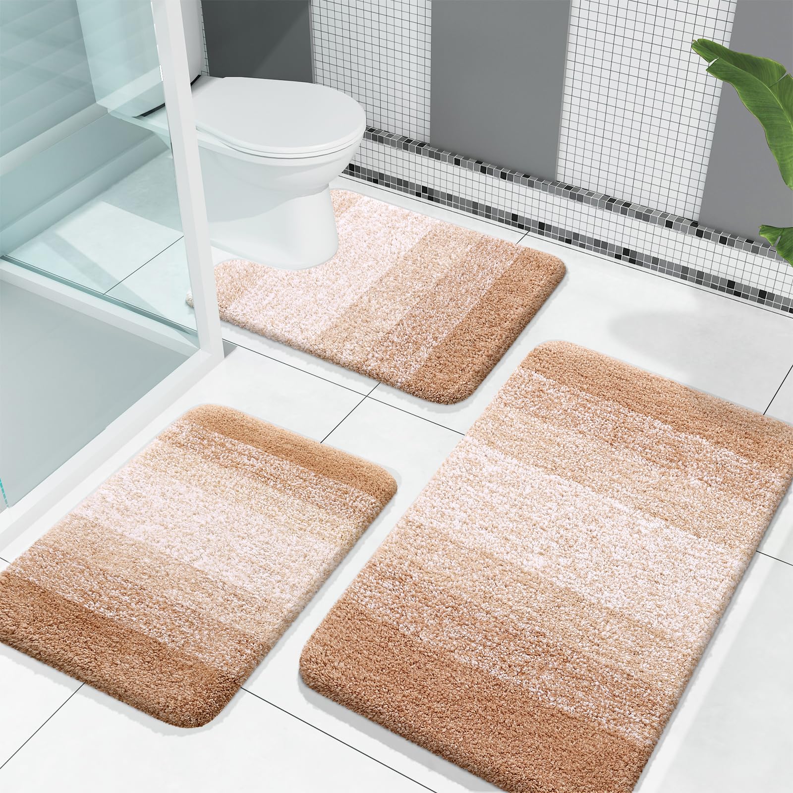 olanly bathroom rugs sets 3 piece, soft absorbent microfiber bath mats and u-shaped contour toilet rug, plush shaggy bath mat set for bathroom (30"x20"+24"x16"+24"x20", beige)