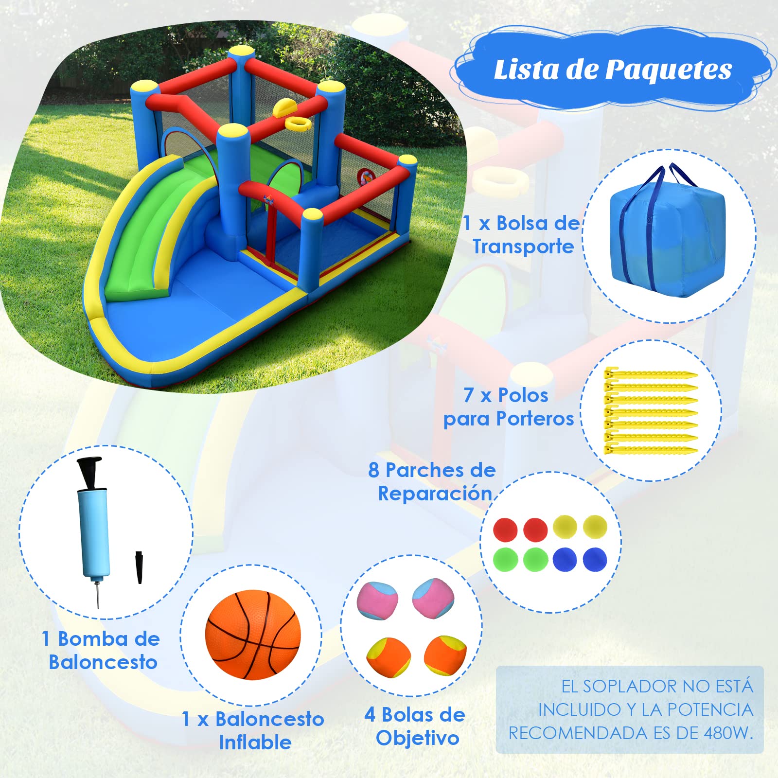 COSTWAY Tobogán Acuático Inflable, Castillo Inflable con Tobogán Mojado Seco para Interior y Exterior, Parque Acuático Portátil para Patio con Pelotas, Pelota de Baloncesto Inflable sin Compresor