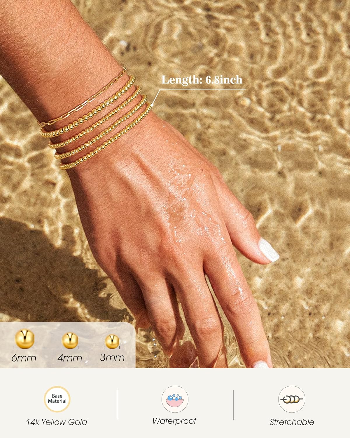 Gold Beaded Bracelet for Women 14K Gold Plated Bracelets Gold Stretch Bead Ball Bracelets Hypoallergenic Stackable Bracelet Set - Image 5