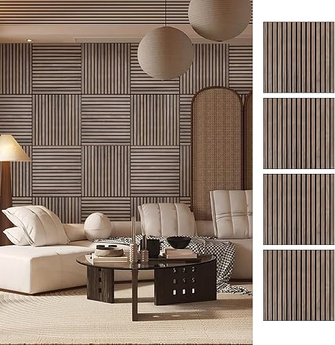 Panel de pared de listones de madera, 4 paneles de madera de nogal para pared, paneles de pared de madera de chapa de madera natural, listones de