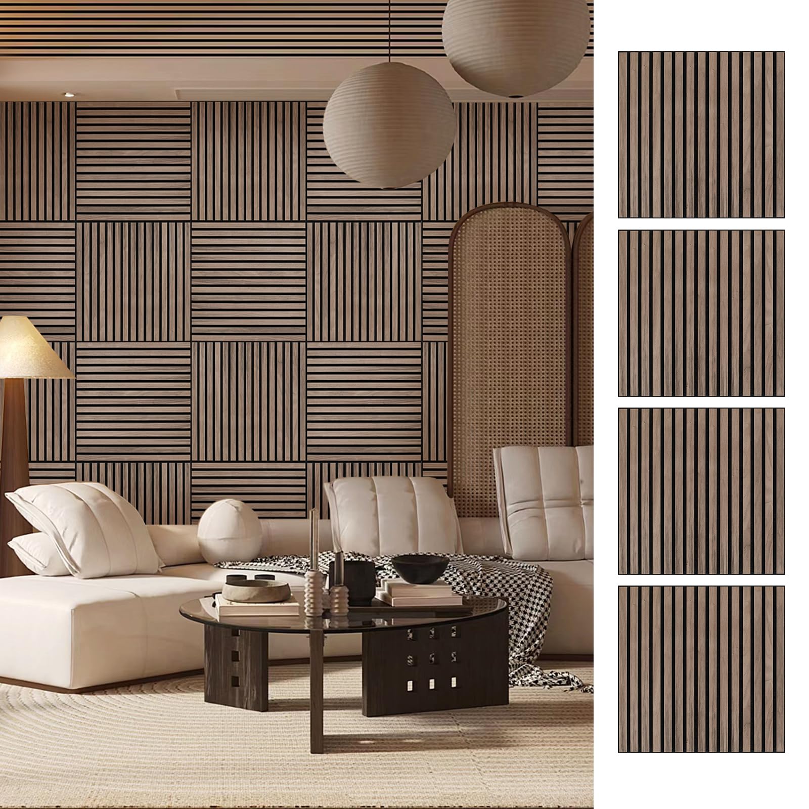 Wood Slat Wall Panel - 4 PCS Walnut Wood Panels for Wall, Natural Wood Veneer Acoustic Slat Wood Wall Panels - Wood Slats for Wall Soundproof Wood Panels 23.6" W x 23.6" L