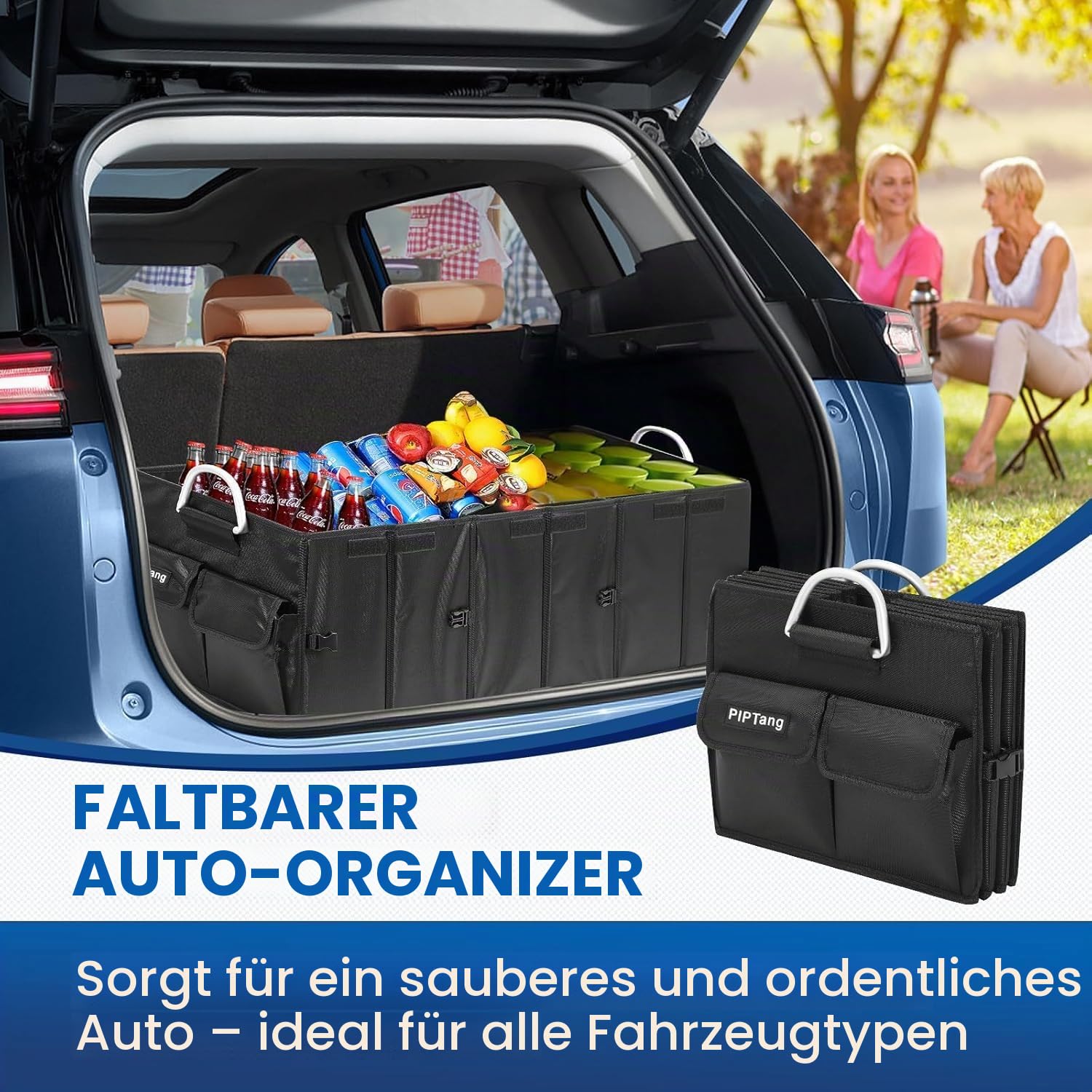 Faltbarer XXL Kofferraum Organizer 90cm – Auto Aufbewahrungsbox mit Verstärkten Aluminiumgriffen, Rutschfestem Boden & Mehreren Taschen – Kofferraumtasche für Auto, SUV & Van