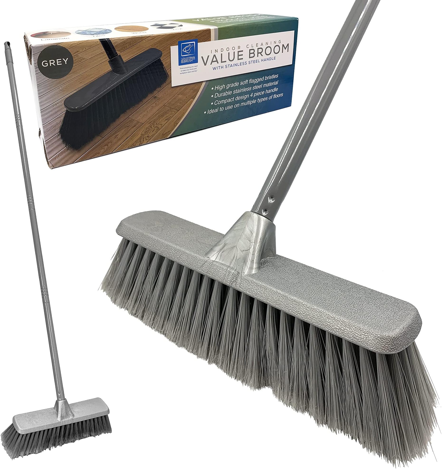 TDBS Soft Indoor Broom (Grey, 120cm) - Perfect for Laminate, Vinyl or Wooden Floor, with Multi-section Handle and Flagged Bristle