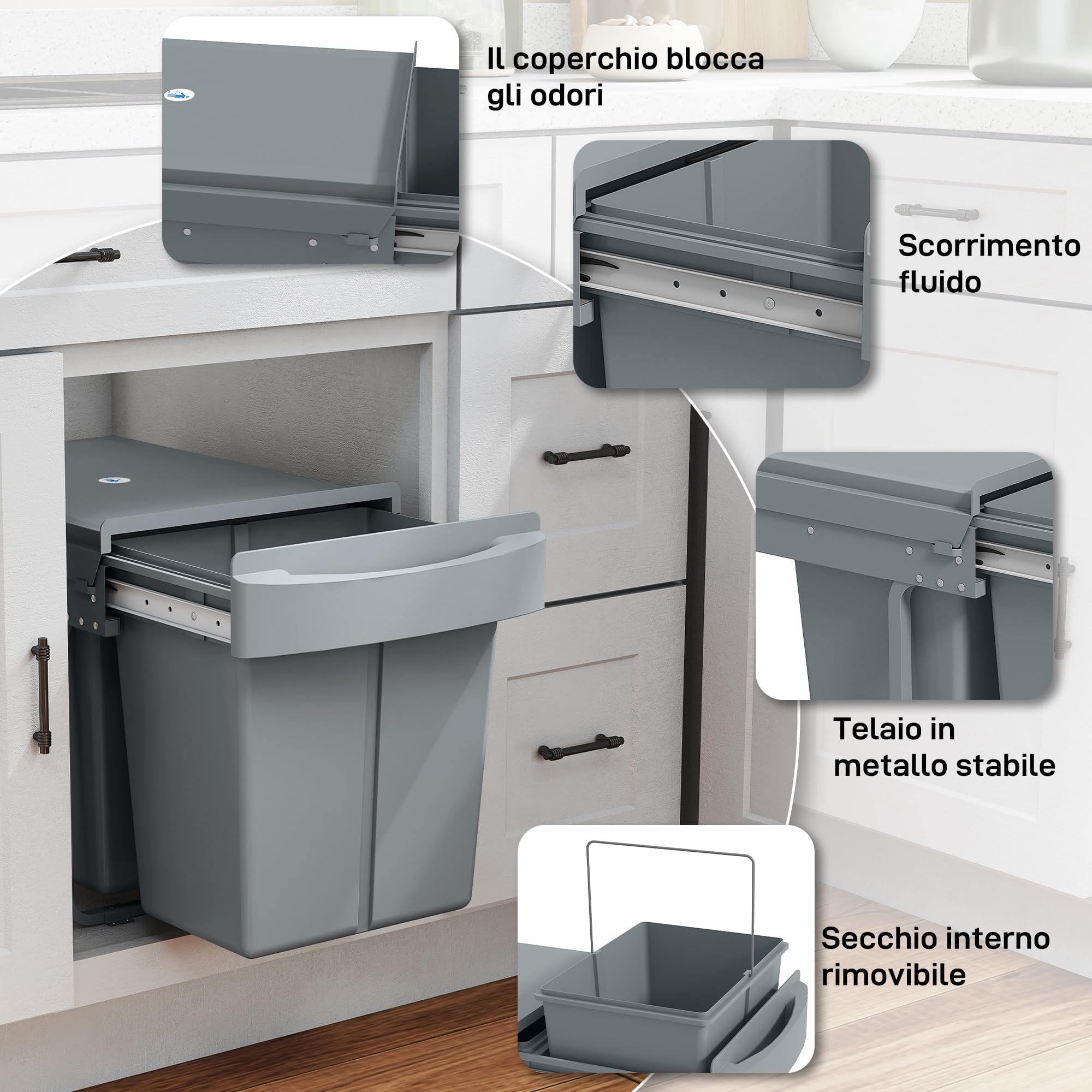 HOMCOM Pattumiera Estraibile Sottolavello 40L 52x33.5x41 cm Grigio | per Raccolta Differenziata, Bidone Rifiuti a 2 Secchi, con Manico e Ripiano Superiore, Apertura Manuale Facile