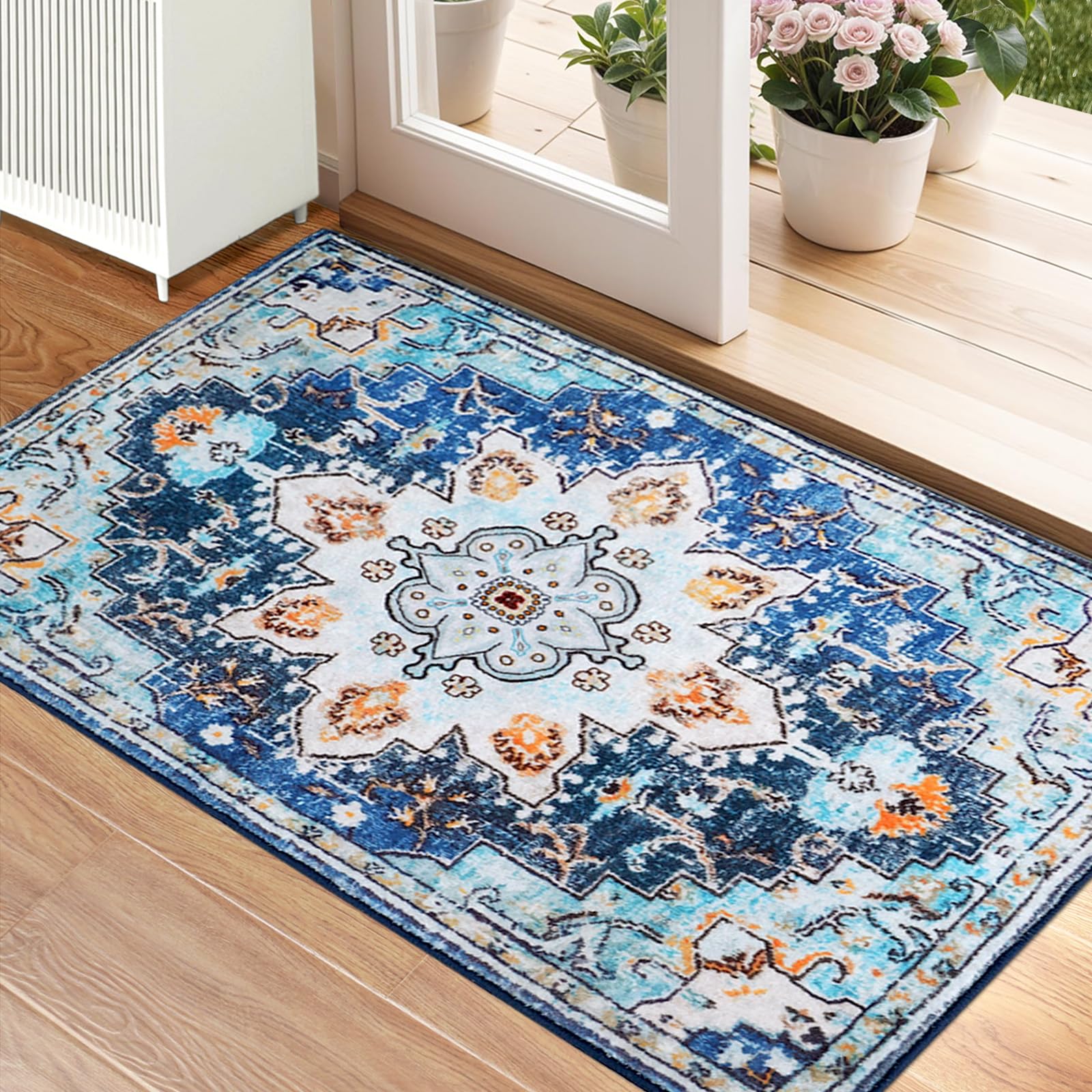 60x90cm Vintage Area Rugs for Entryway, Small Non-slip Boho Distressed Throw Bedside Rug Bathroom Door Mat, Luxury Soft Low Pile Washable Carpet for Livingroom Laundry Bedroom, Teal Blue