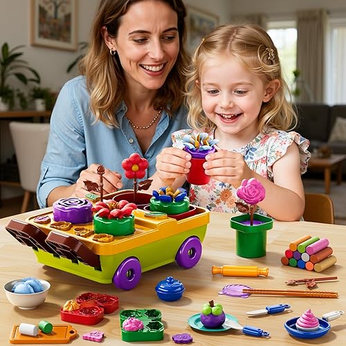 Miniatura 8 de Juego de 50 piezas de arcilla de juego de jardín de flores florecientes para niños de 3 a 5 años, accesorios de cocina con carrito, platos de