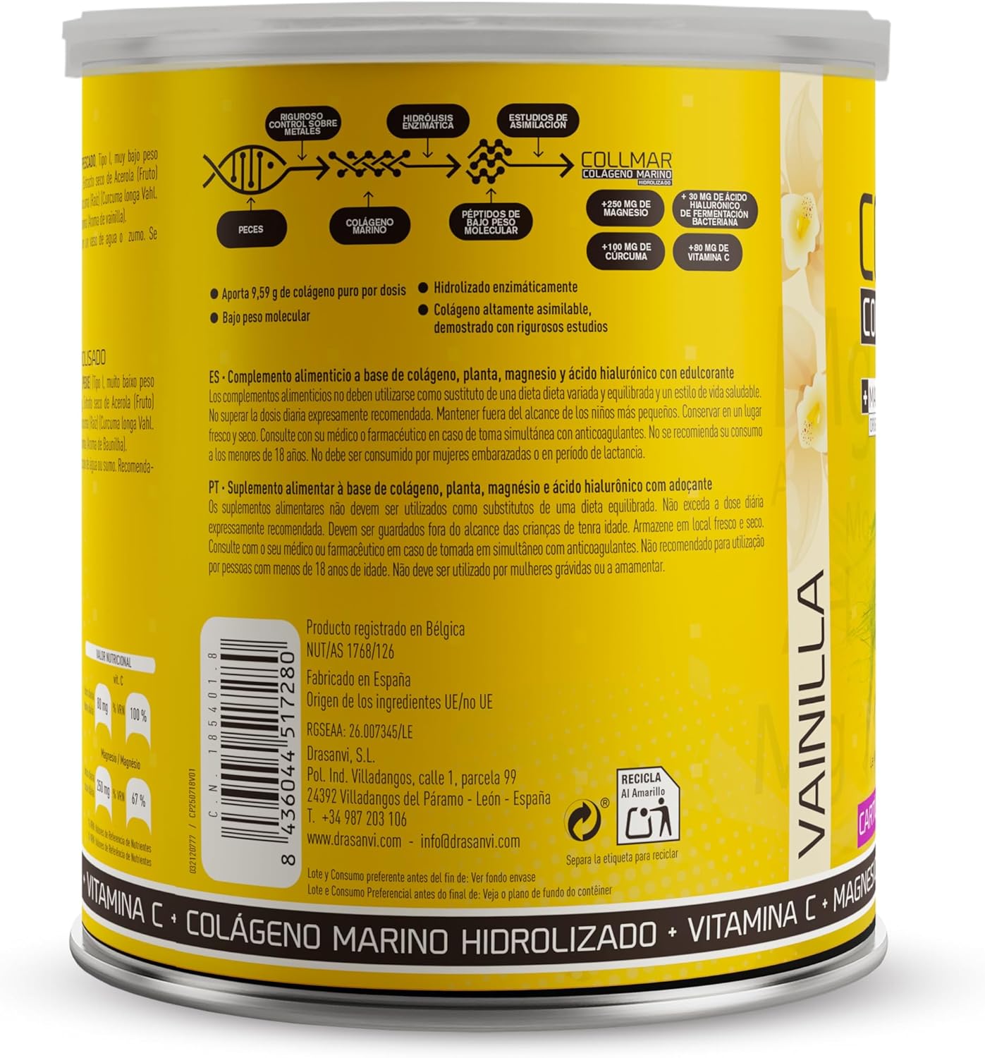 Drasanvi COLLMAR Hydrolyzed Collagen with Magnesium and Turmeric 300g Powder Vanilla Flavor - for Muscle Growth anda Gluten Free