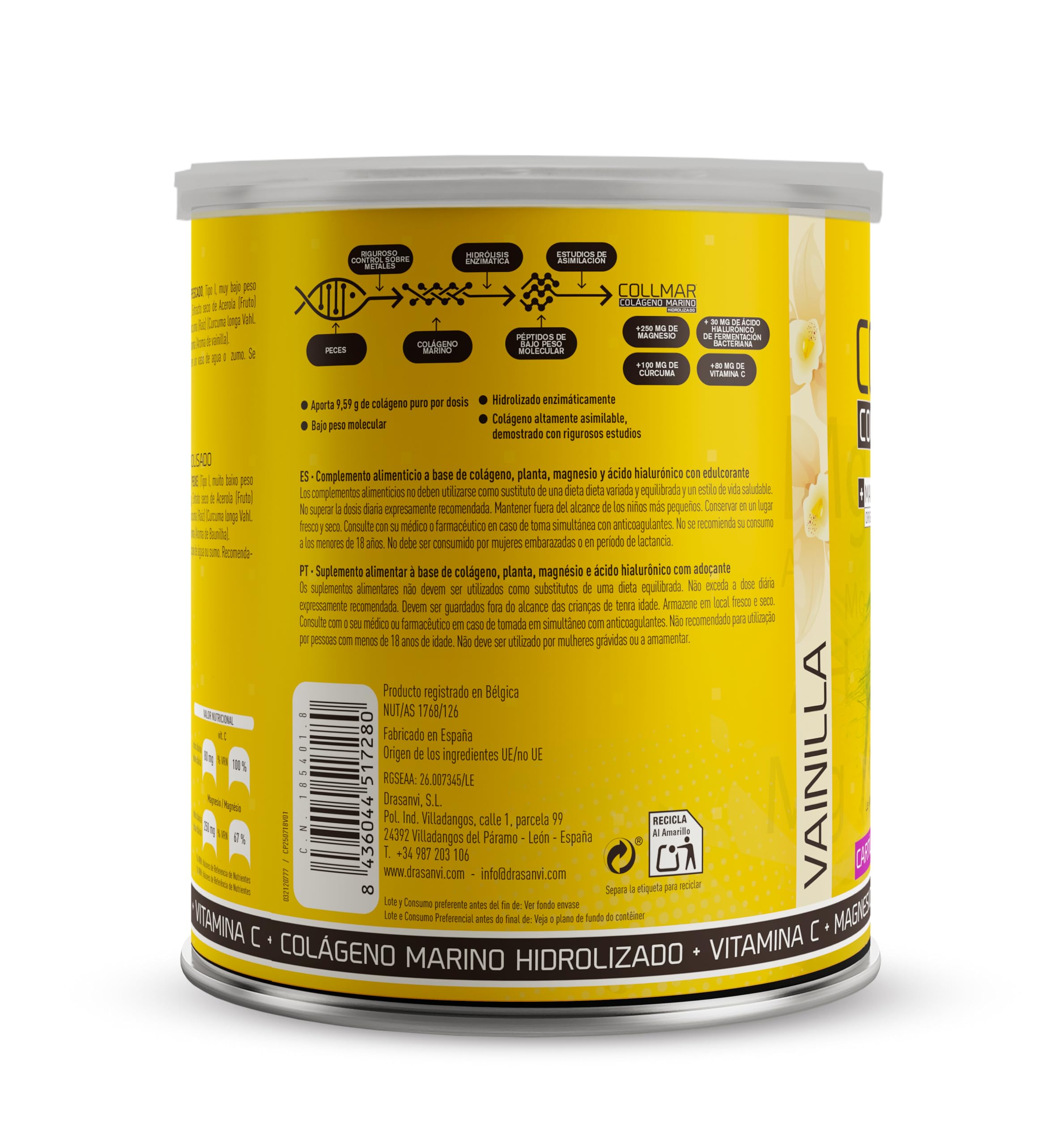 Colageno Drasanvi Collmar Hidrolizado Marino Con Acido Hialuronico Magnesio | Bienestar Articular Y Muscular, Con Curcuma Y Vitamina C - Colageno Marino Hidrolizado En Polvo Sabor Vainilla, Pack 3x300 G