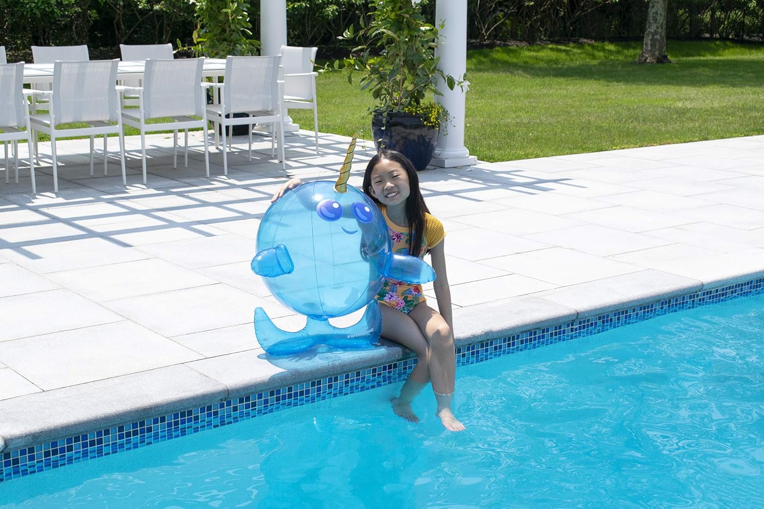 SWIMLINE Inflatable Beach Ball – Playful Pool & Beach Accessory for Parties, BBQs, and Backyard Fun, Whimsical Design, Narwhal, 20"