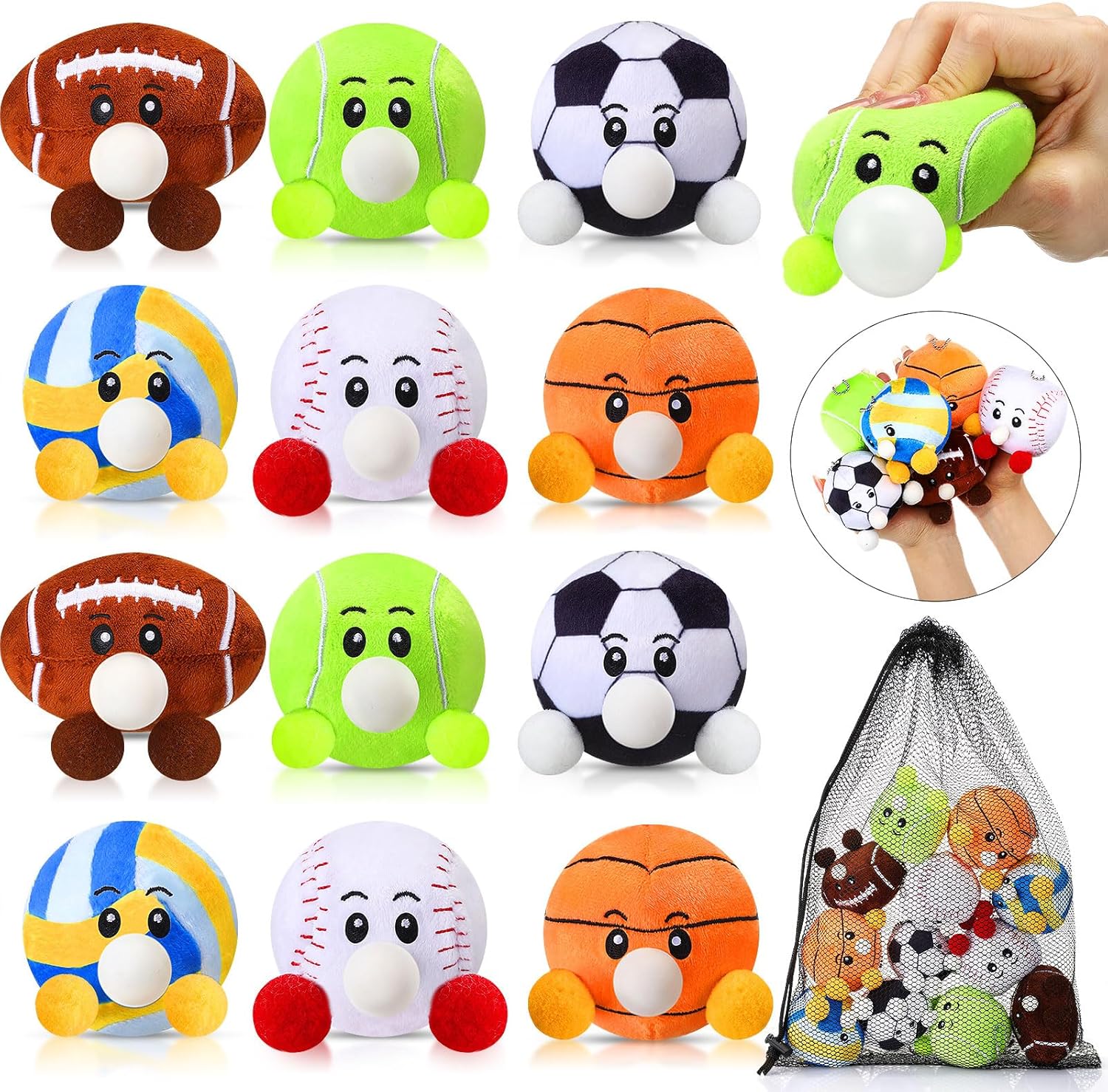 HyDren 12 PCS Sports Stress Balls Plush Squeeze Fidget Toys with Keychain, Large 3.15 Inch Spit Bubble Sensory Stress Balls, Anxiety Relief Toys, Sports Party Favor, Prize Box Goodie Bag Fillers