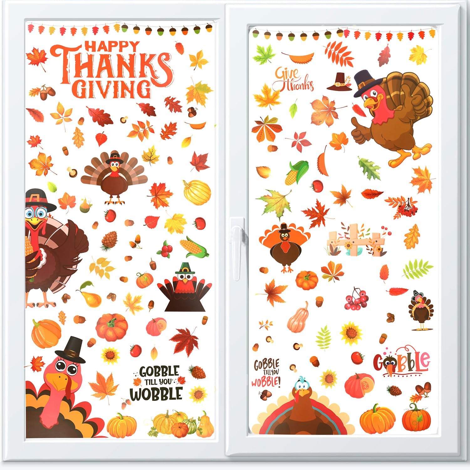 HOWAF 9 Sheet Happy Thanksgiving Decorations Thanksgiving Turkey Pumpkin Window Clings, Funny Gobble Double-Sided Window Decals for Fall Autumn Thanksgiving Harvest Party Home Office Accessories