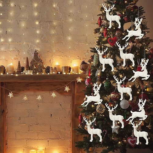 Miniatura 5 de Geetery 12 adornos navideños de renos para árbol, decoración colgante de ciervos con purpurina blanca, decoración rústica de renos para fiestas,