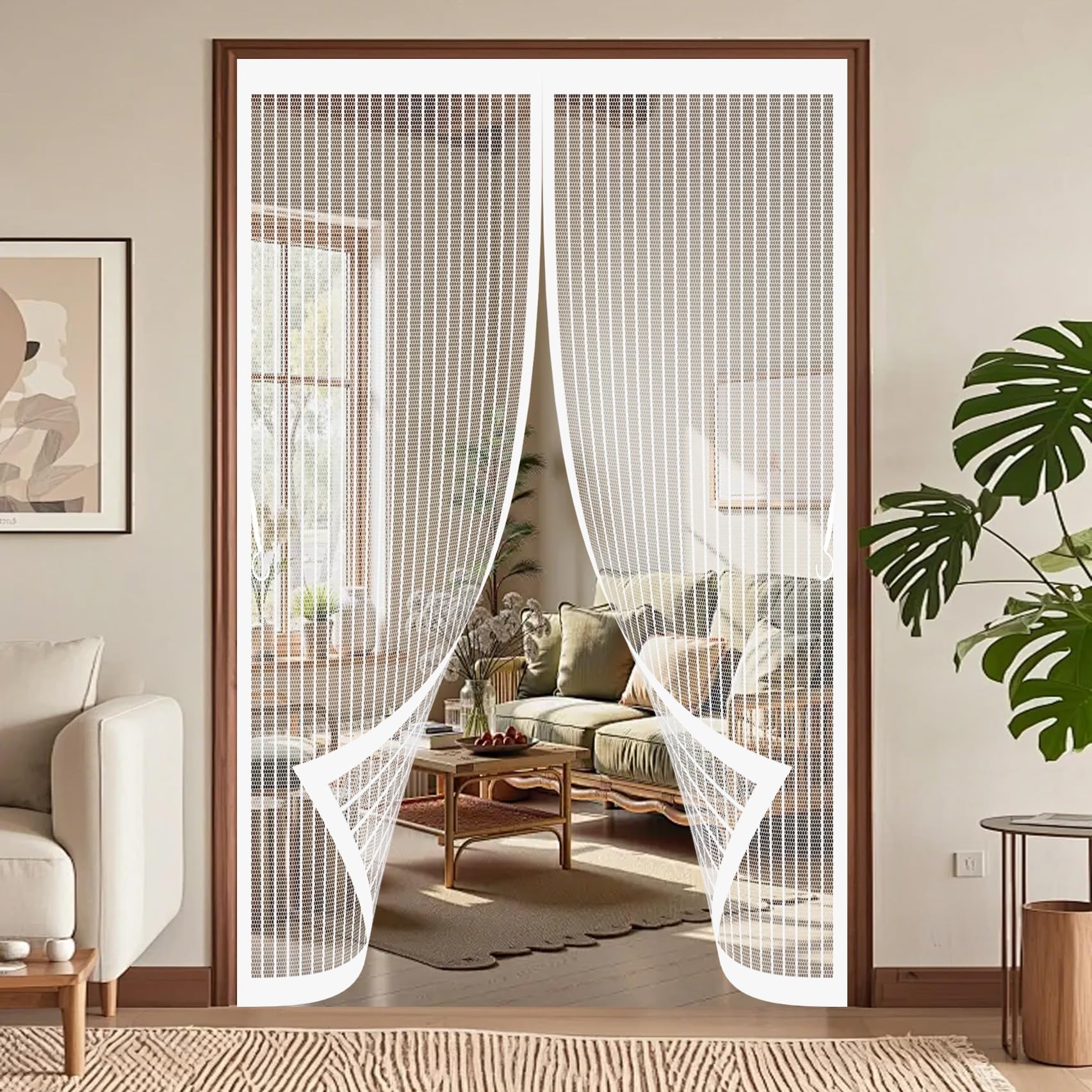 Magnetic Screen Door 126 x 190 cm with Powerful Magnets & Full Frame Magic Tape, Keep Bugs Out & Lets Fresh Air in Magnetic Fly Screen Doors for Patio Doors Bedroom, White