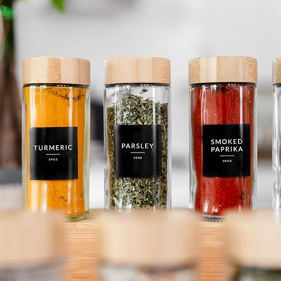 SAVVY & SORTED Bamboo Spice Jars Set and Labels Organization Bundle - Bamboo Spice Jars + Round Spice Stickers - Minimalist Kitchen Set