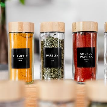 SAVVY & SORTED Bamboo Spice Jars Set and Labels Organization Bundle - Bamboo Spice Jars + Round Spice Stickers - Minimalist Kitchen Set