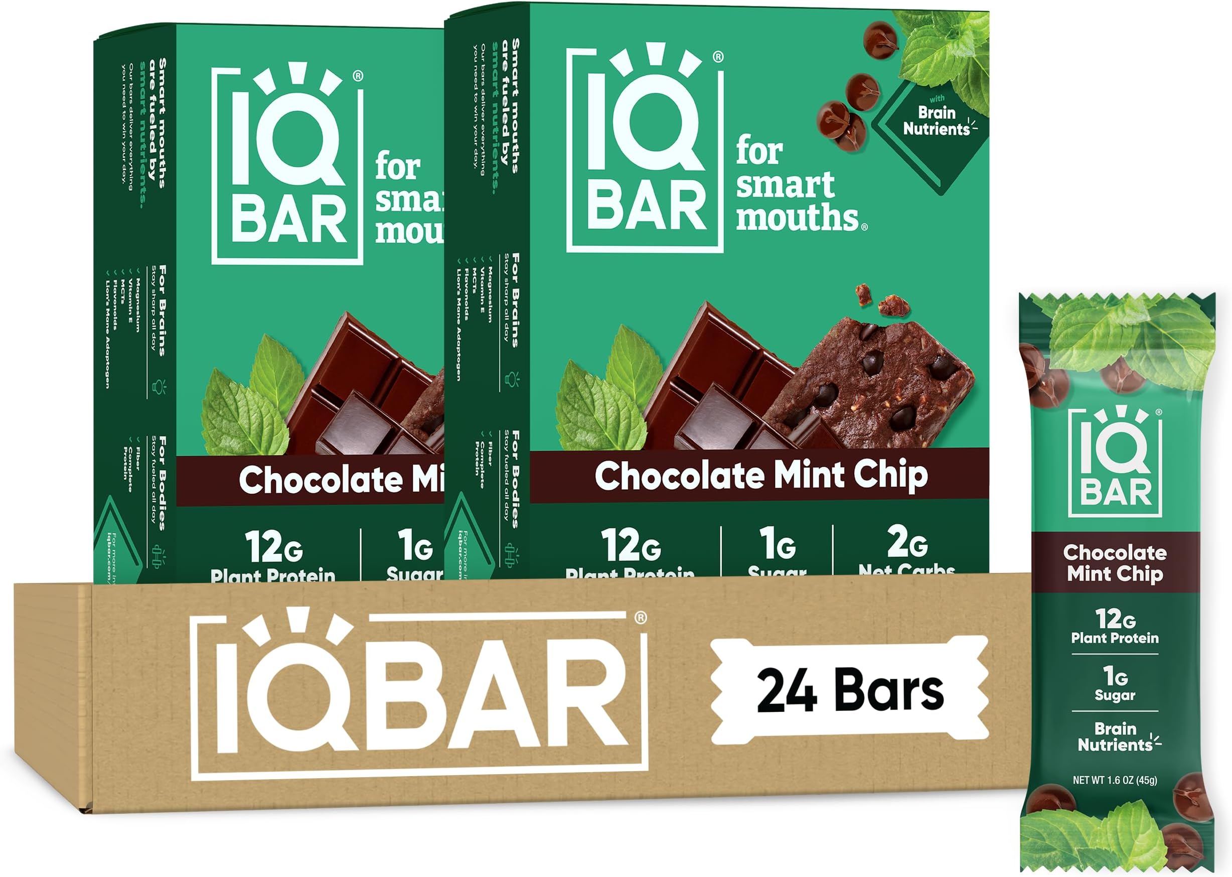 IQBAR Brain and Body Keto Protein Bars - Chocolate Mint Chip - 24-Count Energy Bars - Low Carb/Sugar - High Fiber Meal Replacement Bars - Vegan Snacks