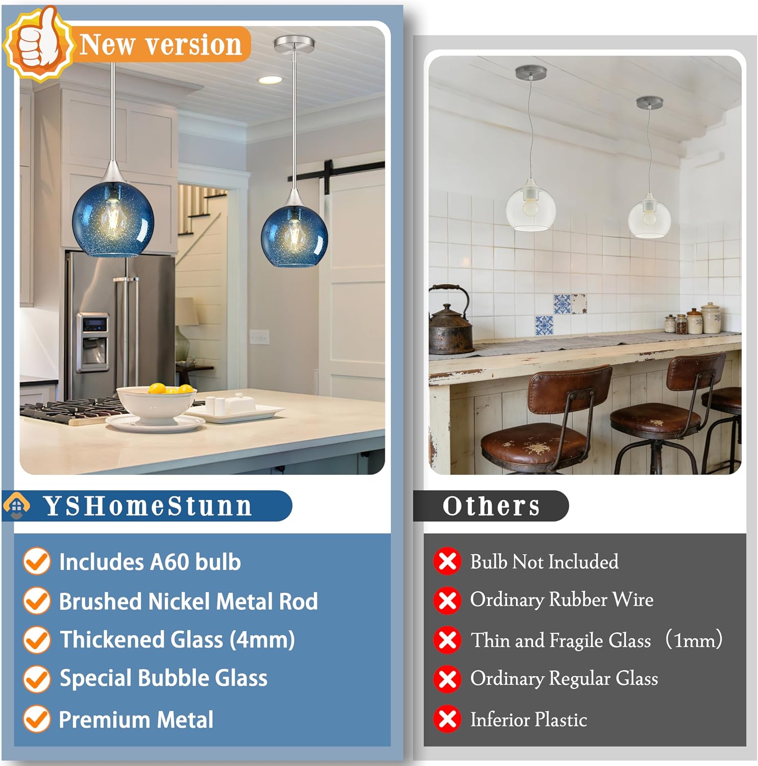 8" Blue Glass Modern Pendant Light Kitchen Island Mid Century Brushed Nickel Modern Pendant Lighting with Glass Globe Modern Hanging Pendant Light for Dining Room Foyer（Bulb Incl.）