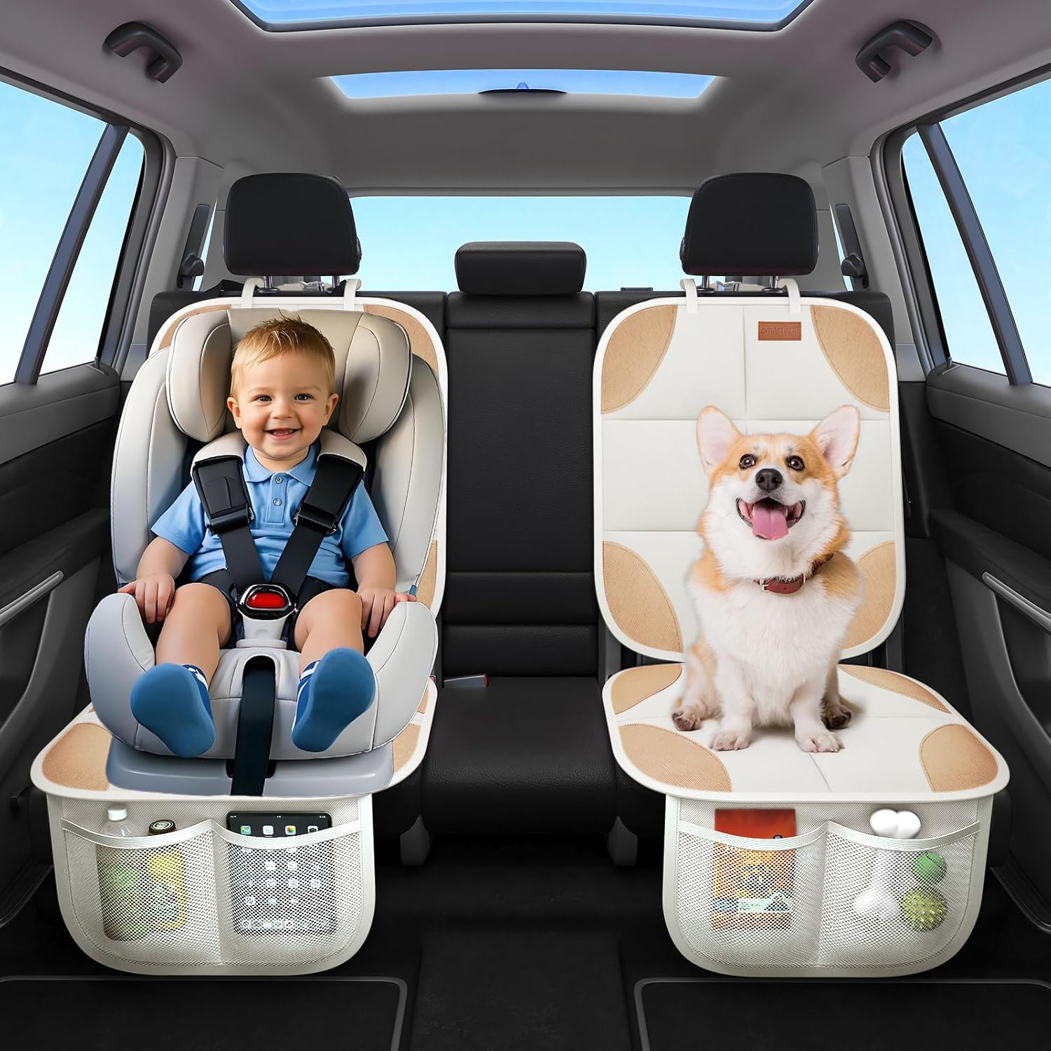 SMART ELF Car Seat Protector, 2Pack Seat Protector Protect Child Seats with Thickest Padding and Non-Slip Backing Mesh Pockets for Baby and Pet,Sedan SUV Truck (Beige Brown)