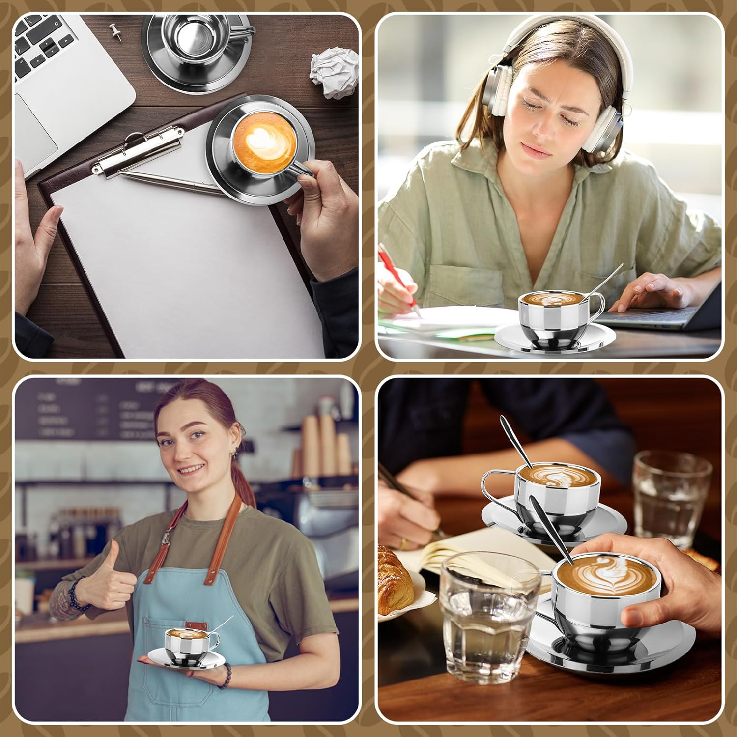 6 Pack Stainless Steel Coffee Cups Set, 6oz Insulated Espresso Cups with Spoon and Saucer, Double Walled Coffee Mugs for Latte, Tea, Milk, Cappuccino