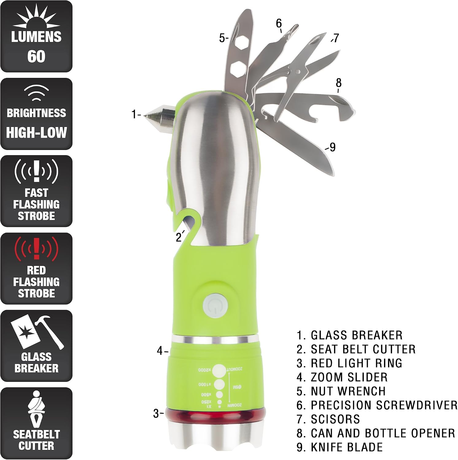 Multi Tool LED Flashlight, All In One Tool Light For Emergency, Camping and Cars By Stalwart (Green) (With Glass Breaker and Seatbelt Cutter)