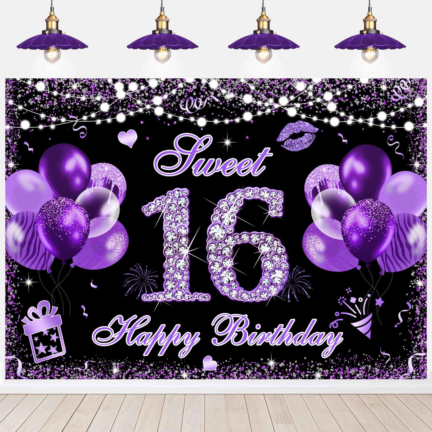 Withu Sweet 16 Birthday Backdrop for Girls Boys Purple Shiny Balloons Sequins Diamonds Theme 16th Birthday Party Decoration Banner Sign Photography