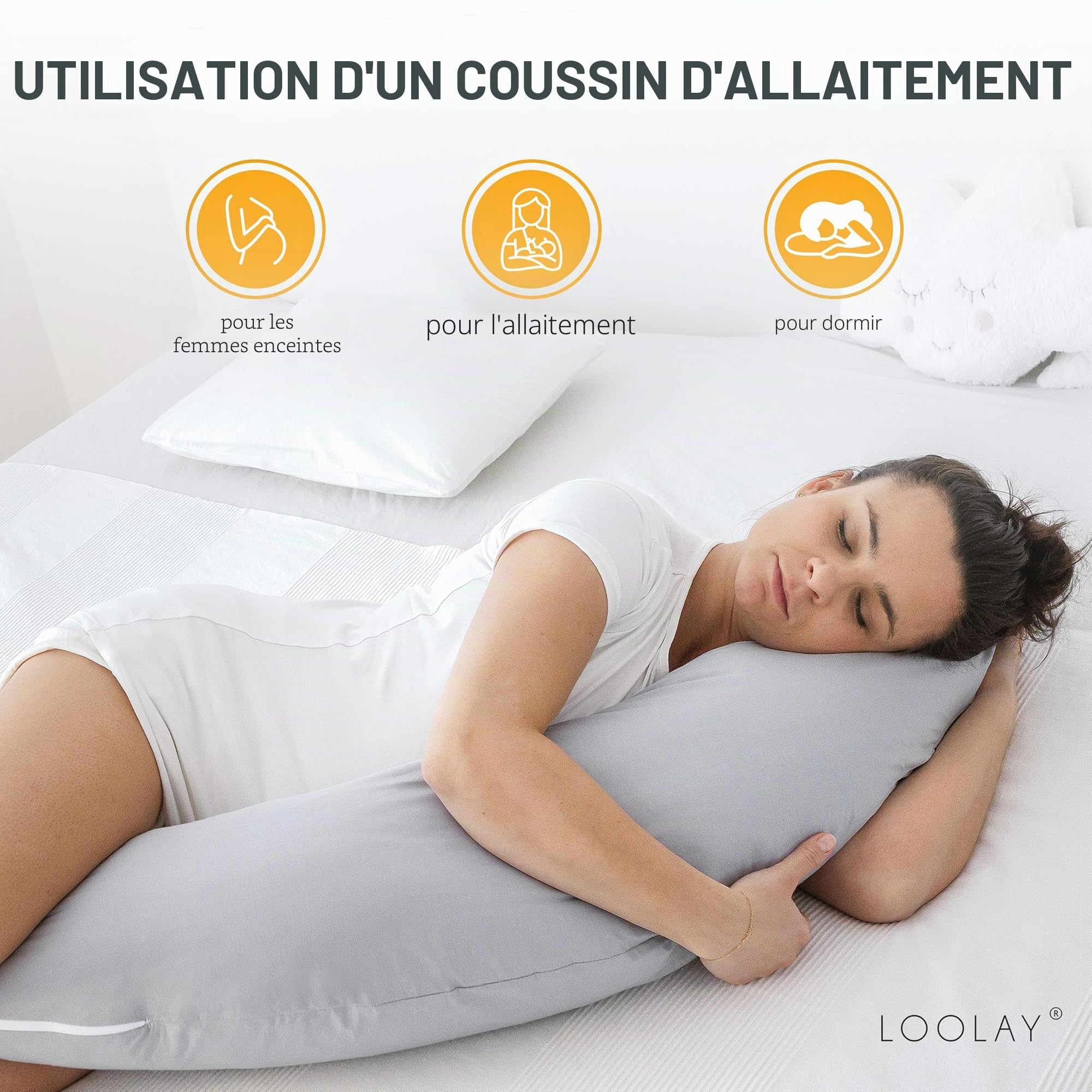 LOOLAY Coussin de Grossesse – Coussin d’Allaitement 170 cm 100% Coton – avec Housse en Minky Amovible – Coussine Ergonomique pour Dormir Pendant la Grossesse