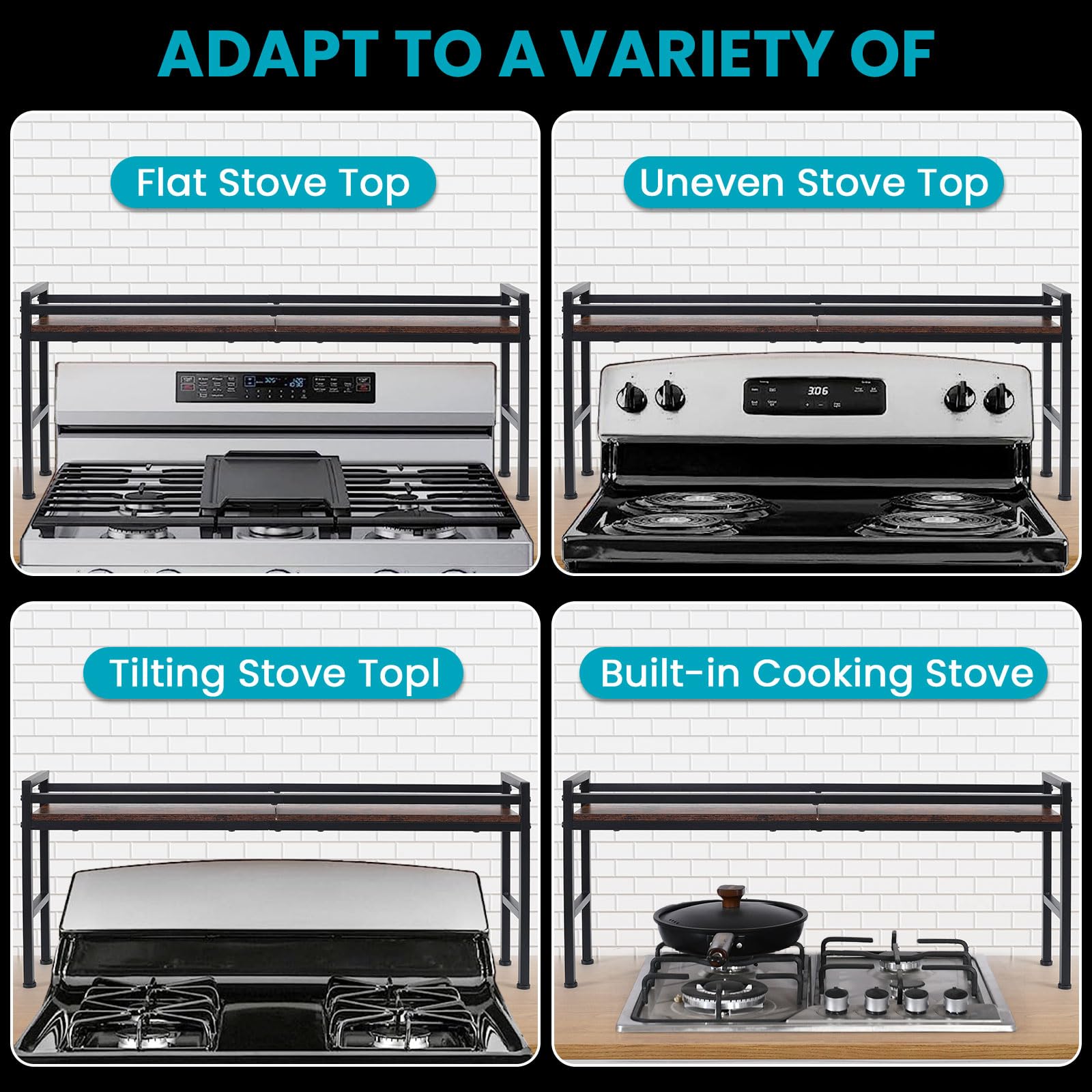 Estante de especias para estufa de cocina, estante superior de estufa con 4 ganchos de almacenamiento adicional, organizador de condimentos, organizadores de cocina y almacenamiento