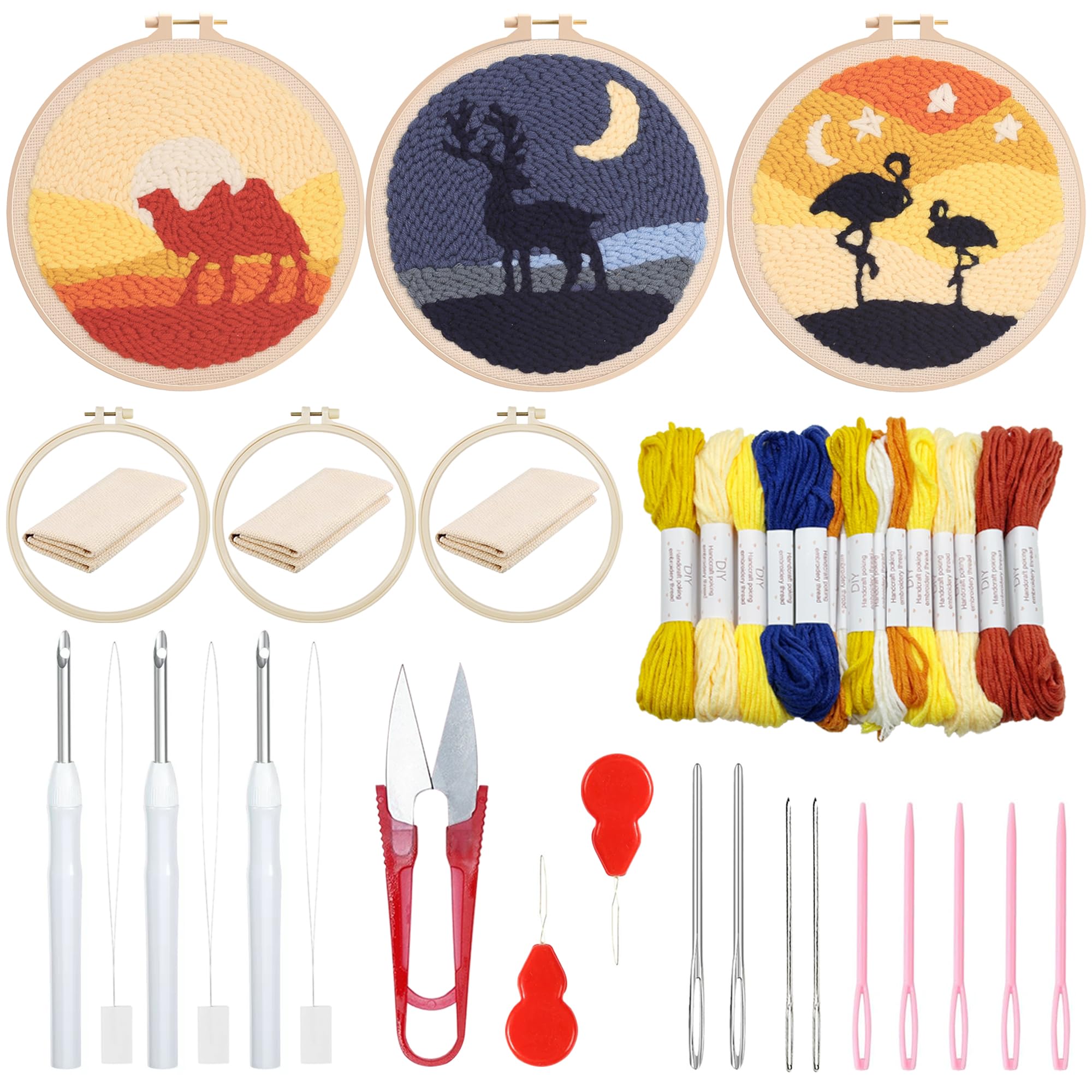 Attuslla 3 Set Punch Needle Embroidery Starter Kits, Punch Needle Cloth with Pattern, Plastic Hoop, Yarn, Needle Pen and Instruction for Beginner (Camel, Flamingo, Elk)