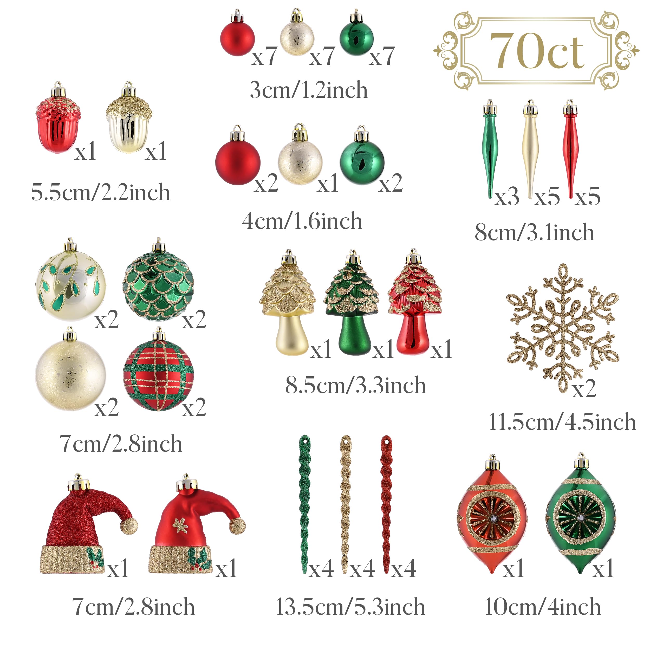 Valery Madelyn Décorations de sapin de Noël 70 carats pour intérieur/extérieur, pendentifs en plastique incassable à suspendre pour décoration de fête de Noël, couronne, guirlande, saisonnier