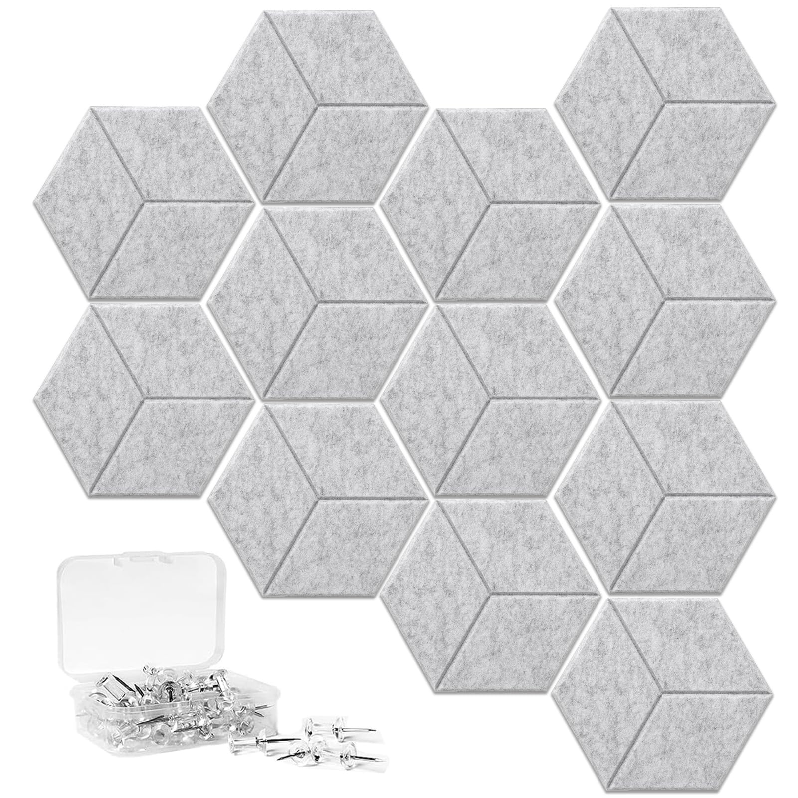 LZEXIN Hexagon Felt Pin Board for Wall, 12pcs Self-Adhesive DIY Bulletin Board Felt Cork Board with 50 Push Pins, Pin Board Decorative Memo Board for Home School Photo Display(Grey)