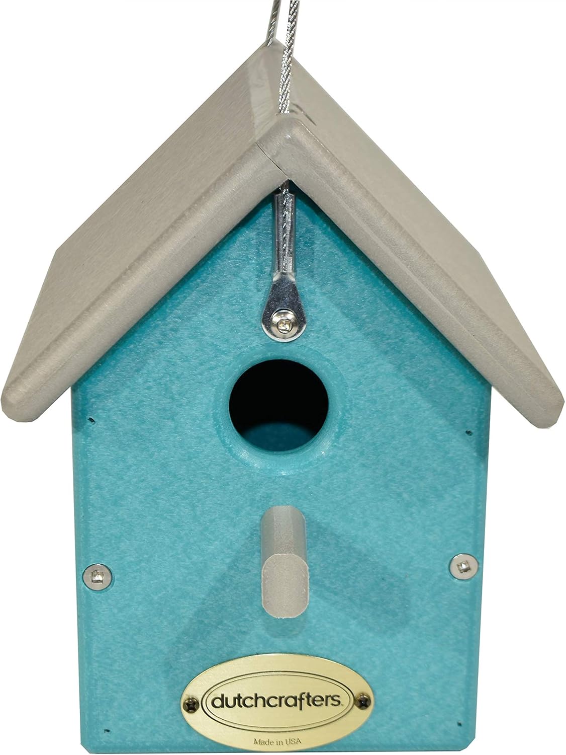 DutchCrafters Small Plastic Poly Hanging Bird House with Perch and Detachable Roof, Outdoor Nesting Box for Wild Birds - Amish Made in USA (Light Gray & Aruba Blue)