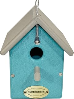 DutchCrafters Small Plastic Poly Hanging Bird House with Perch and Detachable Roof, Outdoor Nesting Box for Wild Birds - Amish Made in USA (Light Gray & Aruba Blue)