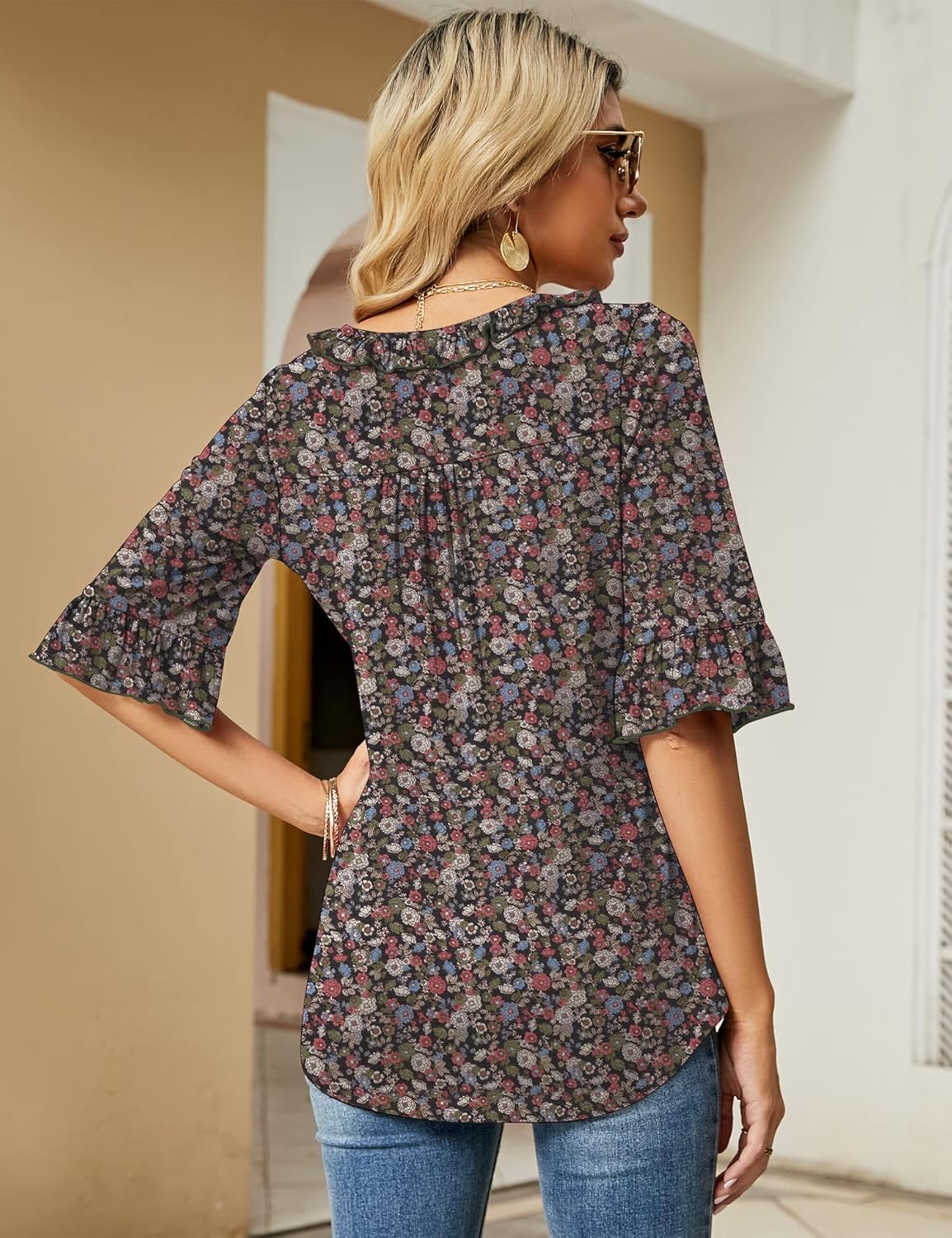 Ivicoer Women's Casual V Neck T Shirts Loose Summer Fall 3/4 Bell Sleeve Tops Ruffle Tunic Blouses - Image 4