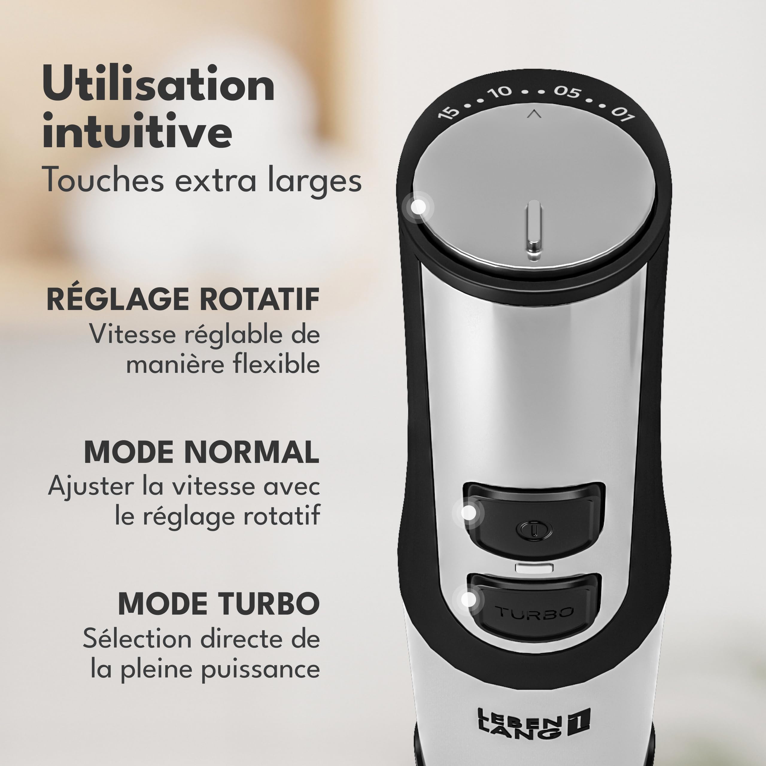 LEBENLANG Mixeur plongeant 1500W Acier inoxydable - Gobelet doseur 800ml & protection anti-éclaboussures I Réglable en continu & Turbo I Blender mixeur Mixer plongeur cuisine Mixeurs plongeants soupe