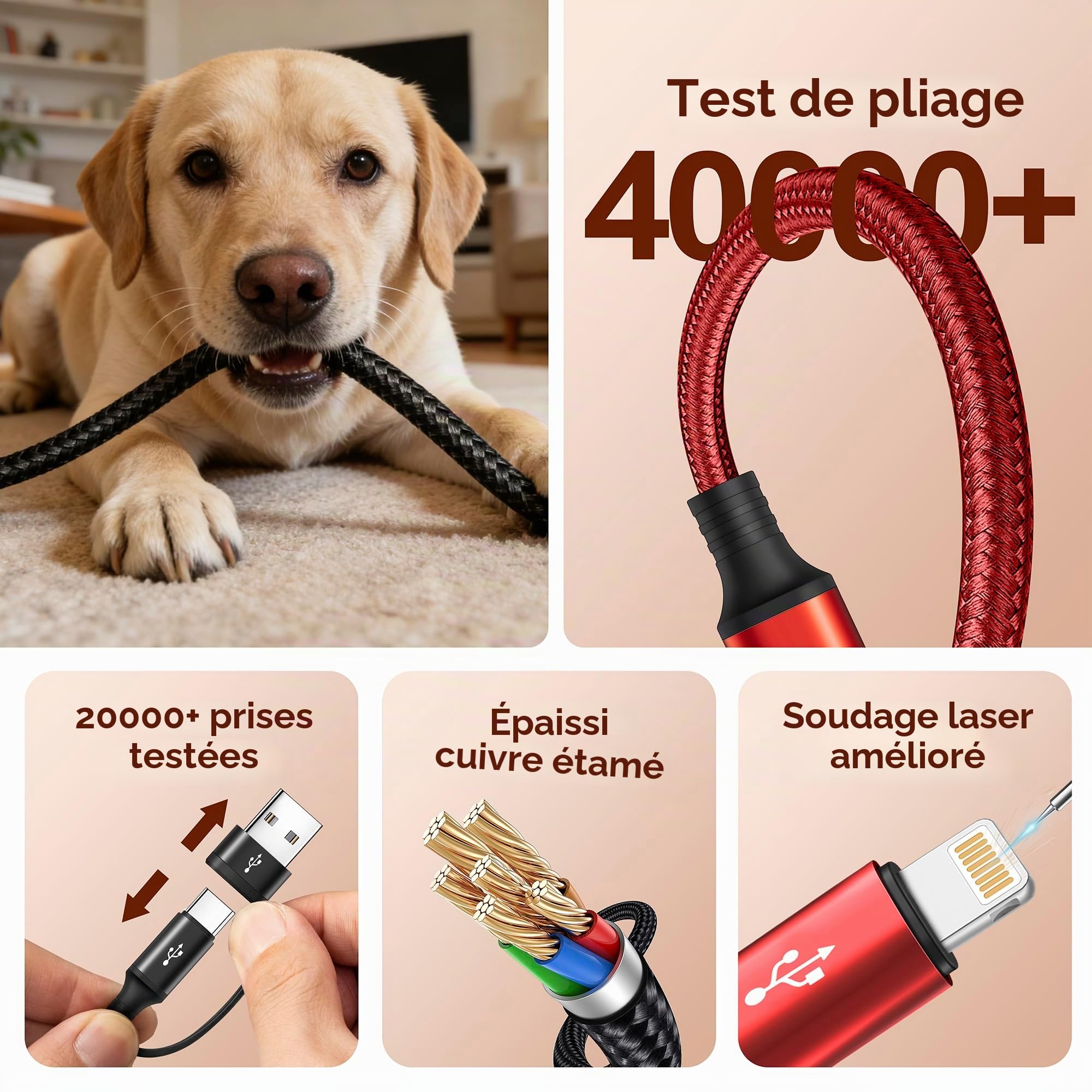 Minlu Câble de Charge Double Type C, Câble Multi USB 4 en 2 [3,5A 1,8M] Câble de Charge Rapide USB A/C vers 2*USB-C+Lightning+Micro, Câble USB pour iPhone 17,16,15,14,13,12/Galaxy/Android/Tablette
