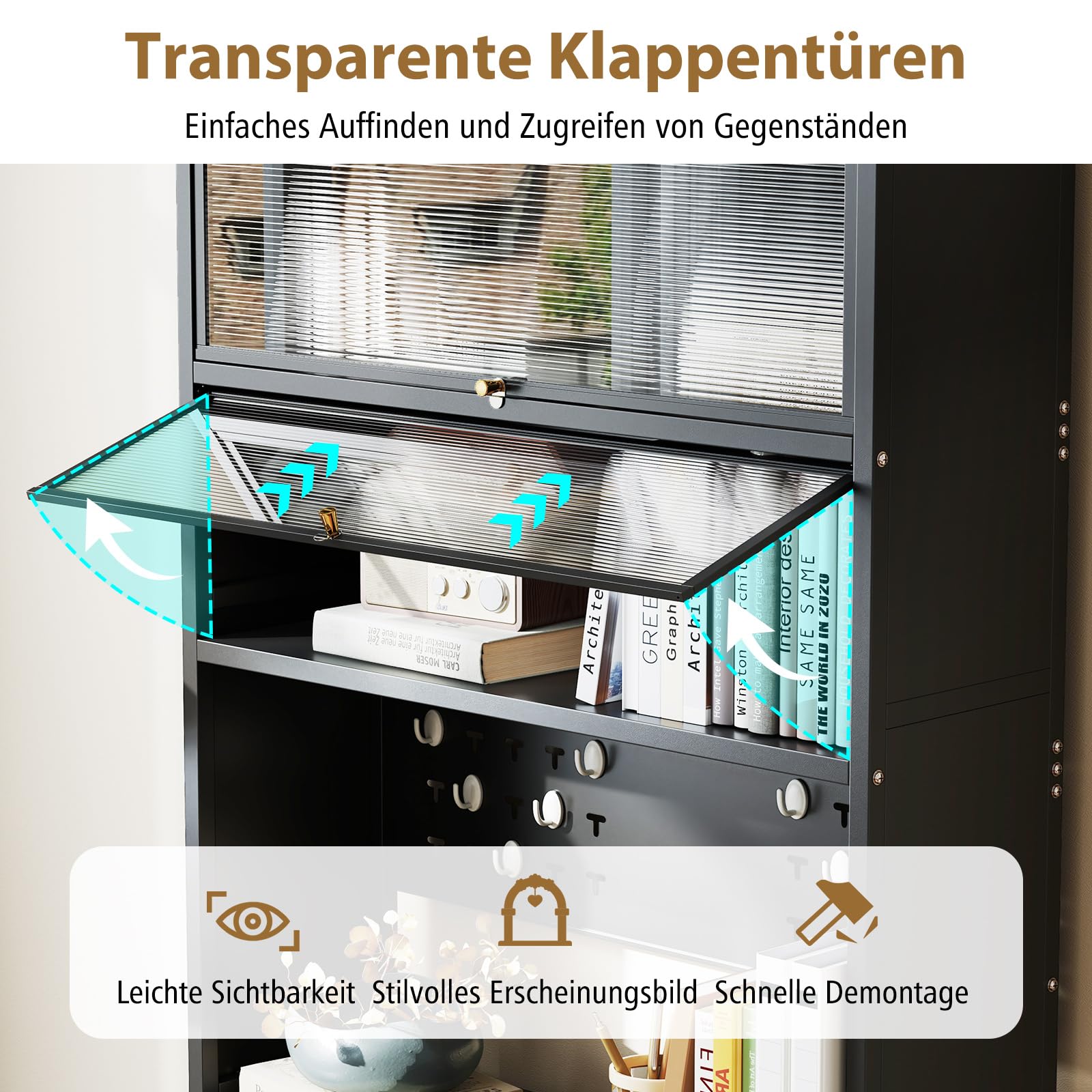 GOPLUS Küchenschrank mit 5/6 Ebenen, Buffetschrank mit Arbeitsplatte & Schränken, Vorratsschrank mit Klapptüren, Haken, Küchenbuffet mit Rollen, Mikrowellenschrank (Schwarz,80 x 40 x 178 cm)