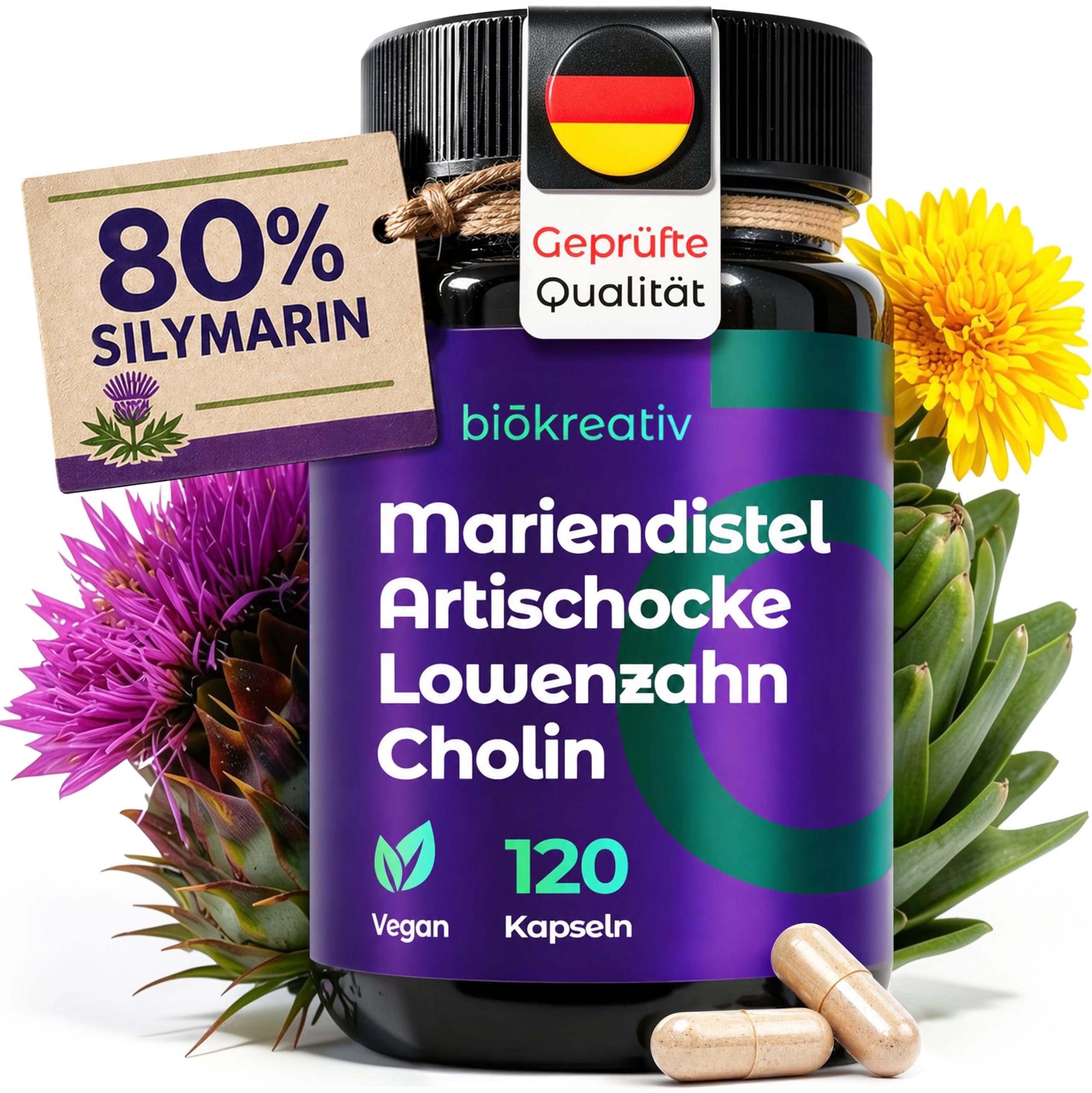Mariendistel Leber Komplex – Mariendistel Kapseln Hochdosiert mit Artischocke & Löwenzahn – 80% Silymarin & Cholin – Leber Balance & Fettstoffwechsel – 120 Kapseln 60 Tage – Vegan & Laborgeprüft