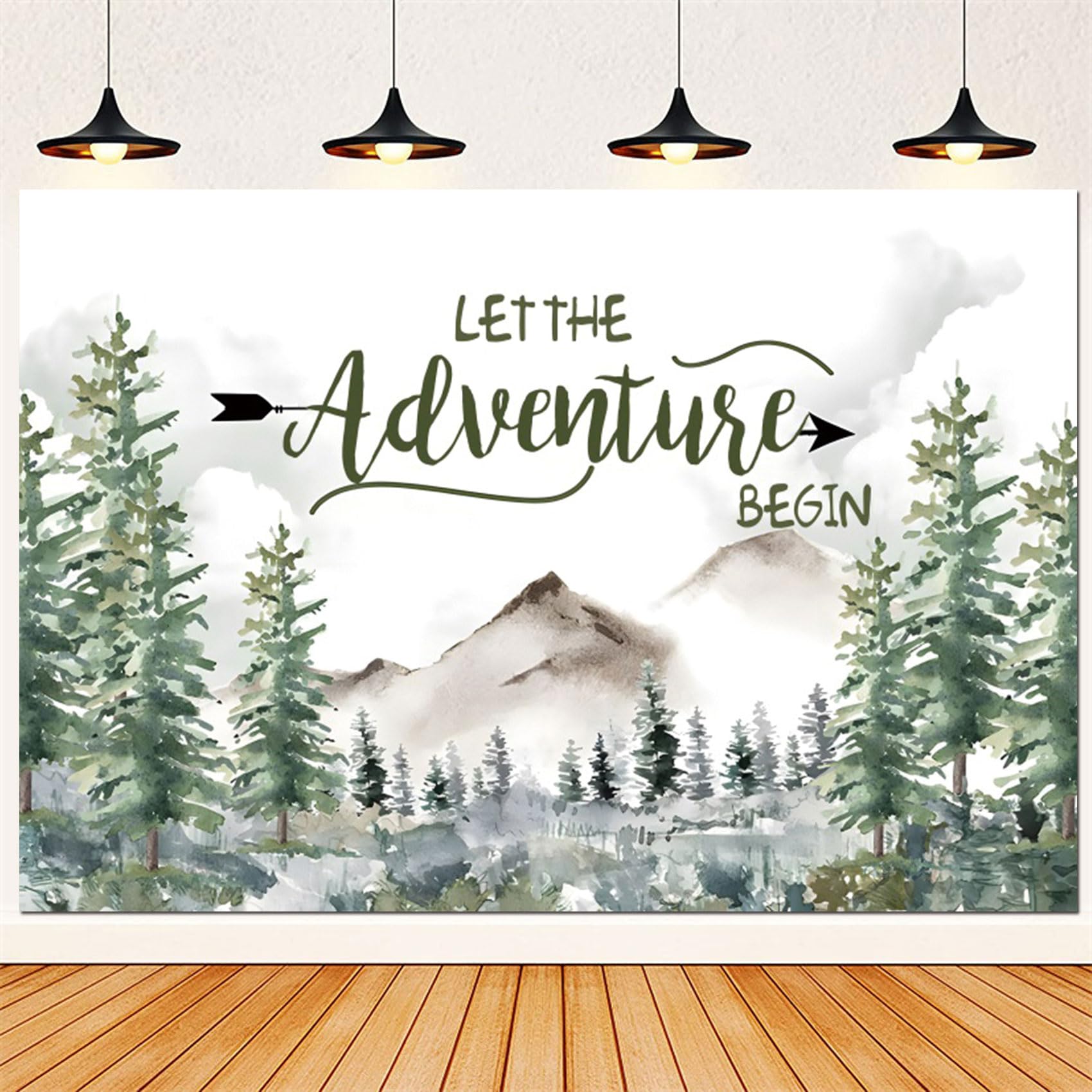 Eainb 5x3ft Let The Adventure Begin Photography Backdrop Winter Pine Tree Mountain Forest Background Watercolor Woodland Newborn Baby Shower Decor Banner Photo Booth Props
