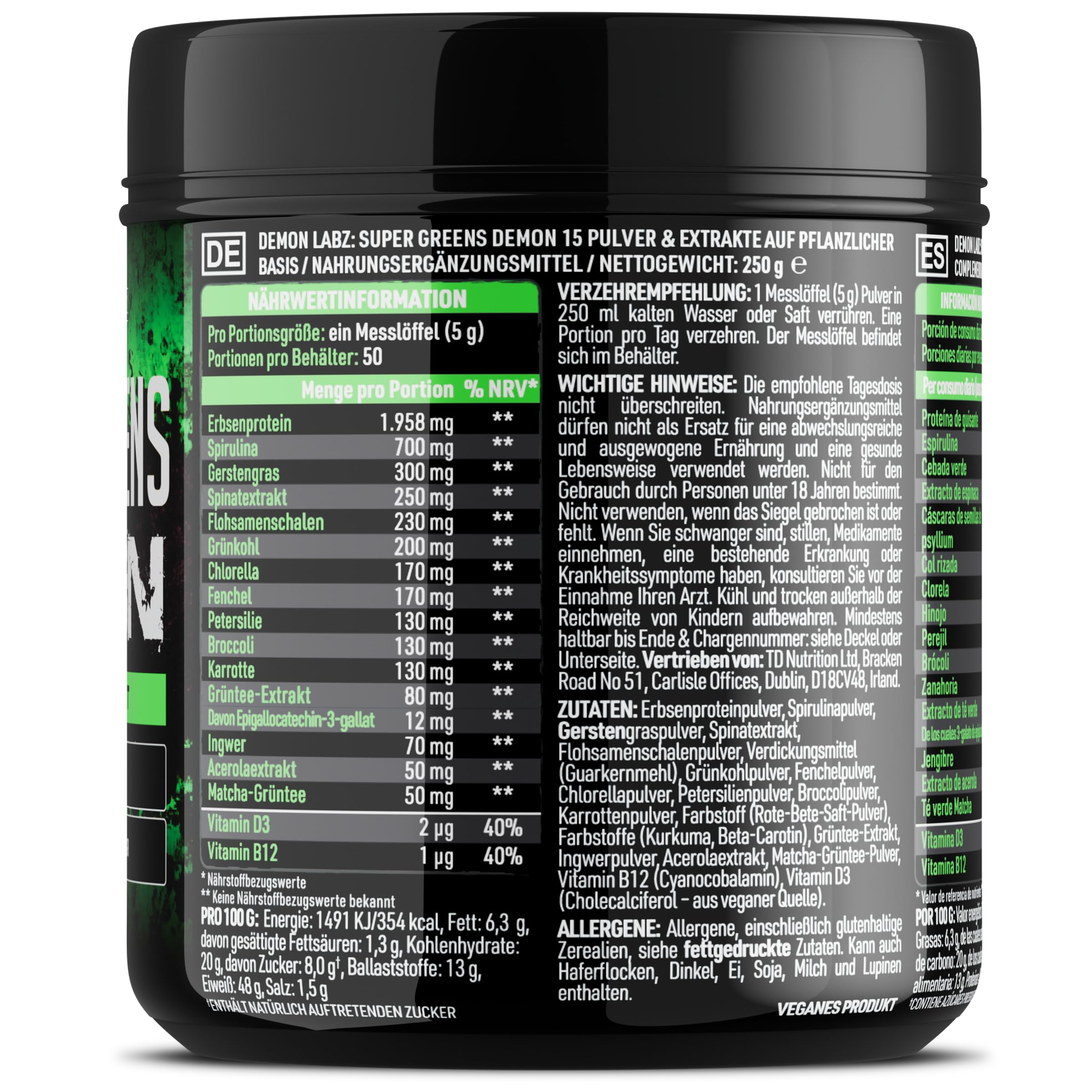 Super Greens Demon - Vollgepackt mit Gemüse und Superfoods, Vegan & Vegetarierfreundlich, Superfood-Pulver, Smoothiepulver gemischt in Deutschland ohne künstliche Zutaten (250g, 50 Portionen)