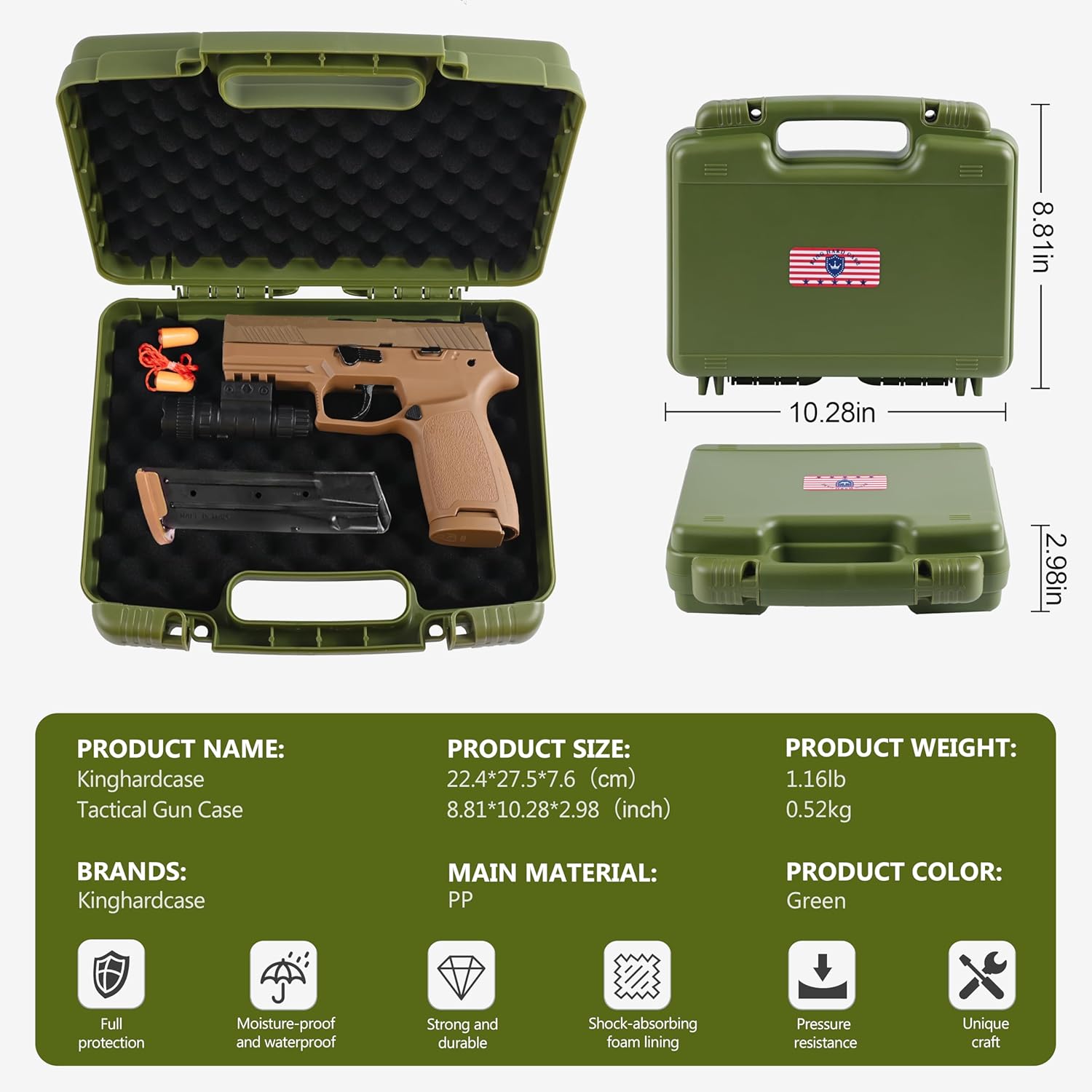 Kinghardcase 9mm Gun Case Lockable, TSA Approved Firearm Travel Case with 1 TSA Lock, Pistol Case Hard Shell, Gun Safe for Handgun, Pistol, Revolver - Shockproof Gun Storage 10.3 x 8.8 x 3 inch