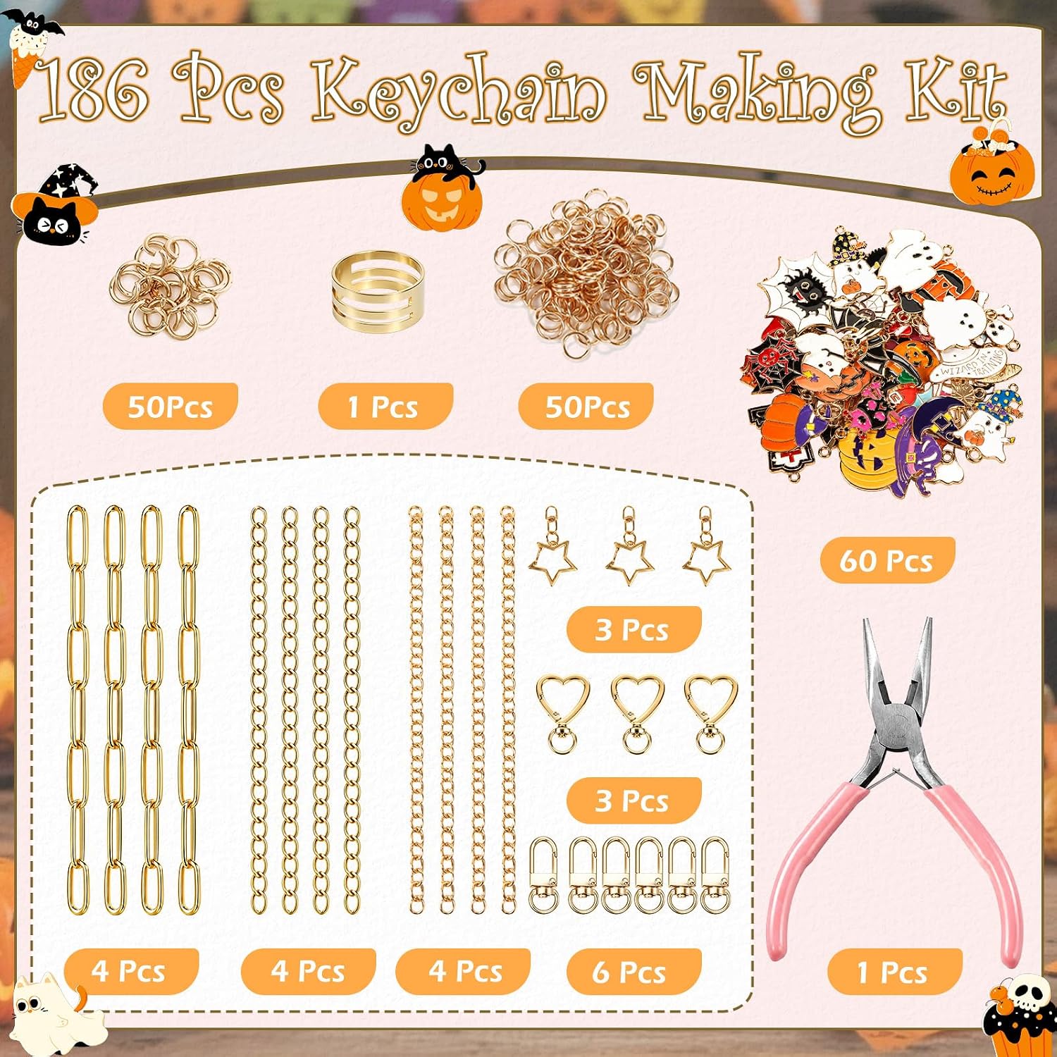 Wxiben 186 Pcs Halloween Keychain Making Kit DIY Key Chain Craft Supplies