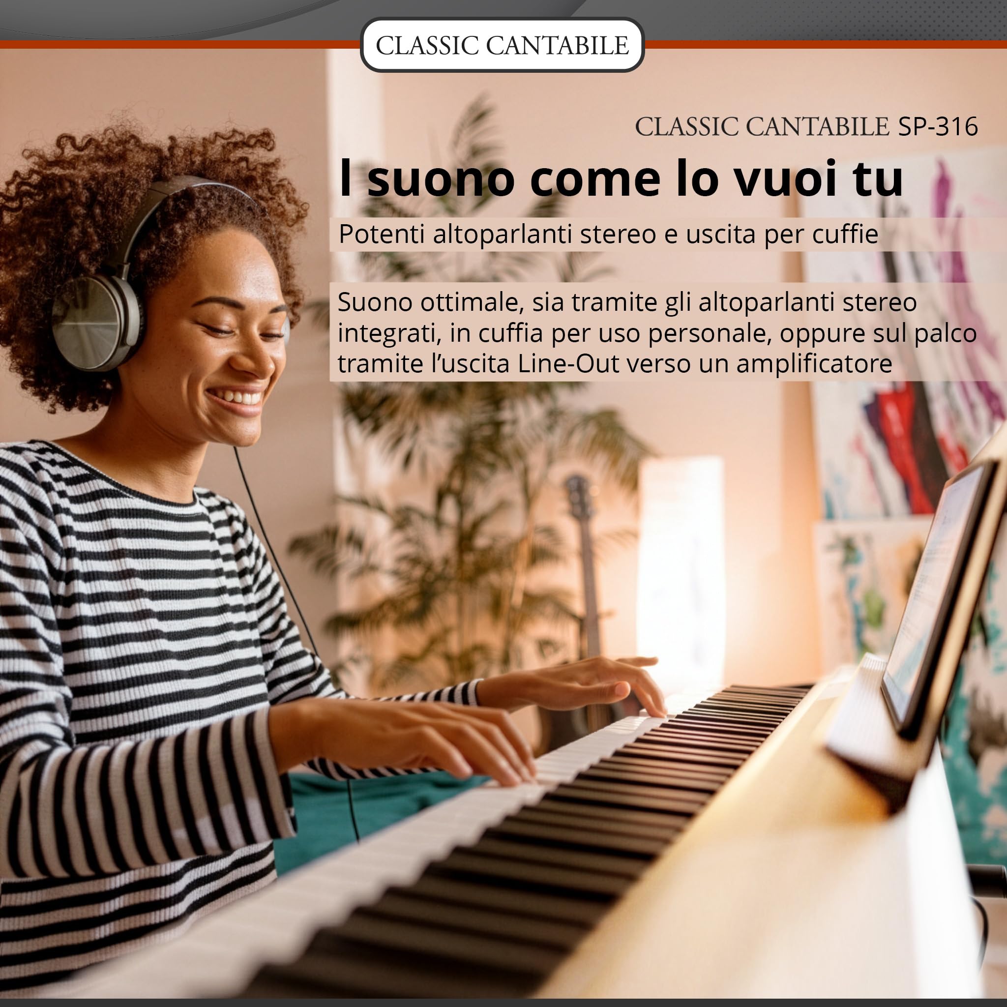 Classic Cantabile SP-316 Piano: 88 tasti pesati a martelletto, DAAS-sampling, polifonia 128 voci, altoparlanti integrati, 20 timbri, Bluetooth. Pianoforte digitale con pedale e alimentatore — Bianco
