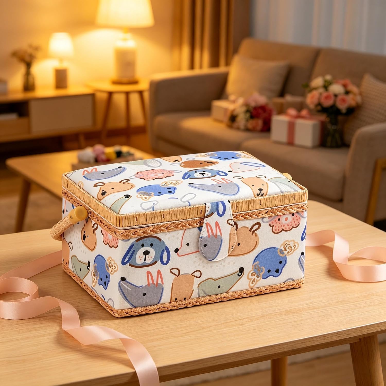 Sewing Basket with Kits, Cute Sewing Box for Beginners, White, Animal Pattern