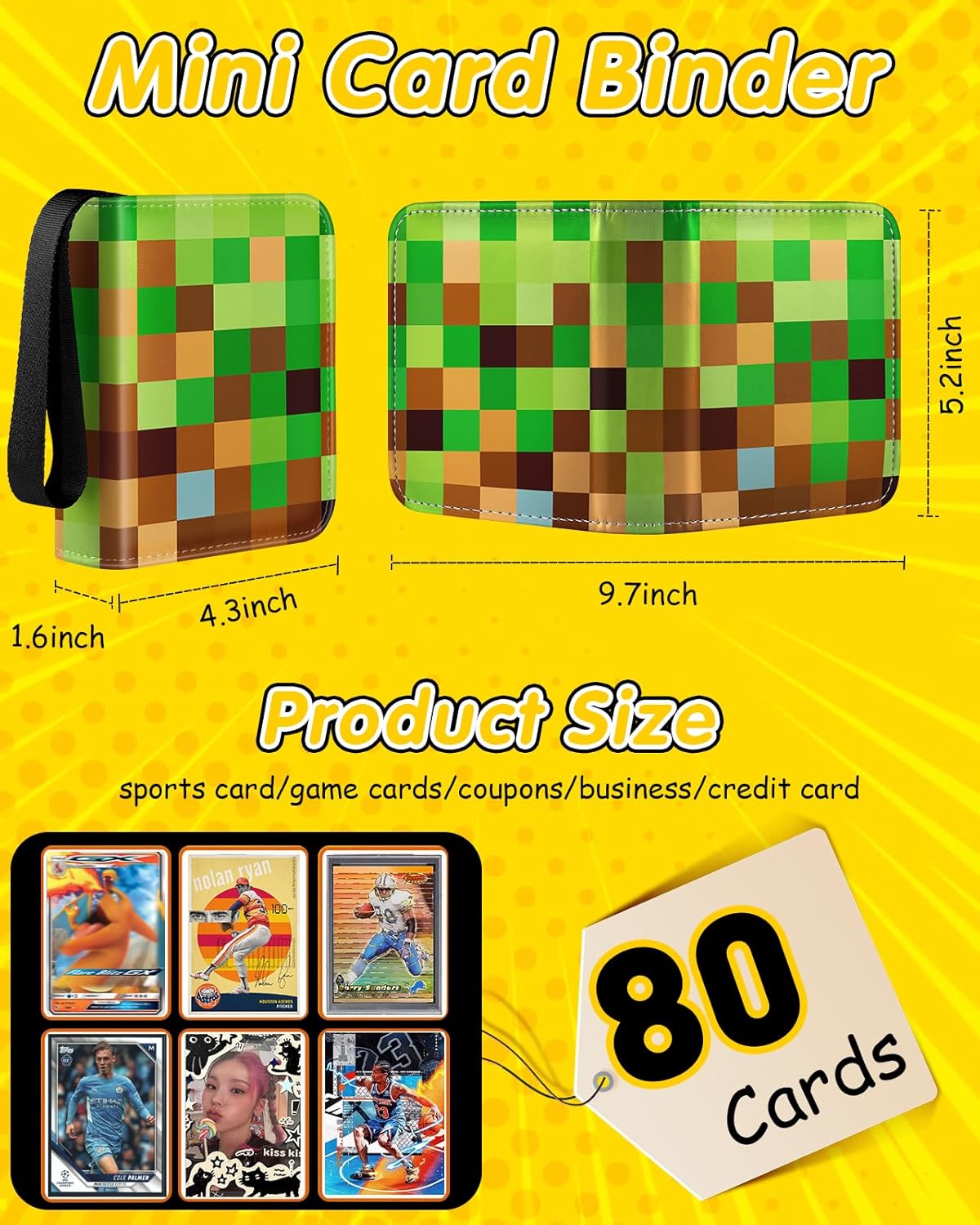 Lotadilo for 1 Pocket Card Binder Mini Size for 80 Cards - Small Trading Card Collection Album Folder Lightweight Portable Green Checkered Design for Men Boys Teens Kids for Sports Cards Game Cards